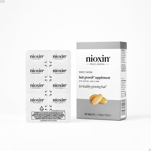 NIOXIN Density Defend Hair Growth Supplements bottle with biotin, zinc, and iron, showing the supplement capsules and packaging.
