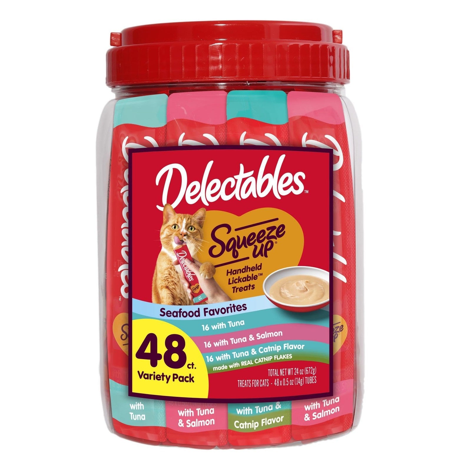 Delectables Squeeze Up Tuna Variety Pack for cats, creamy lickable wet puree in squeezable tubes, featuring assorted tuna flavors.