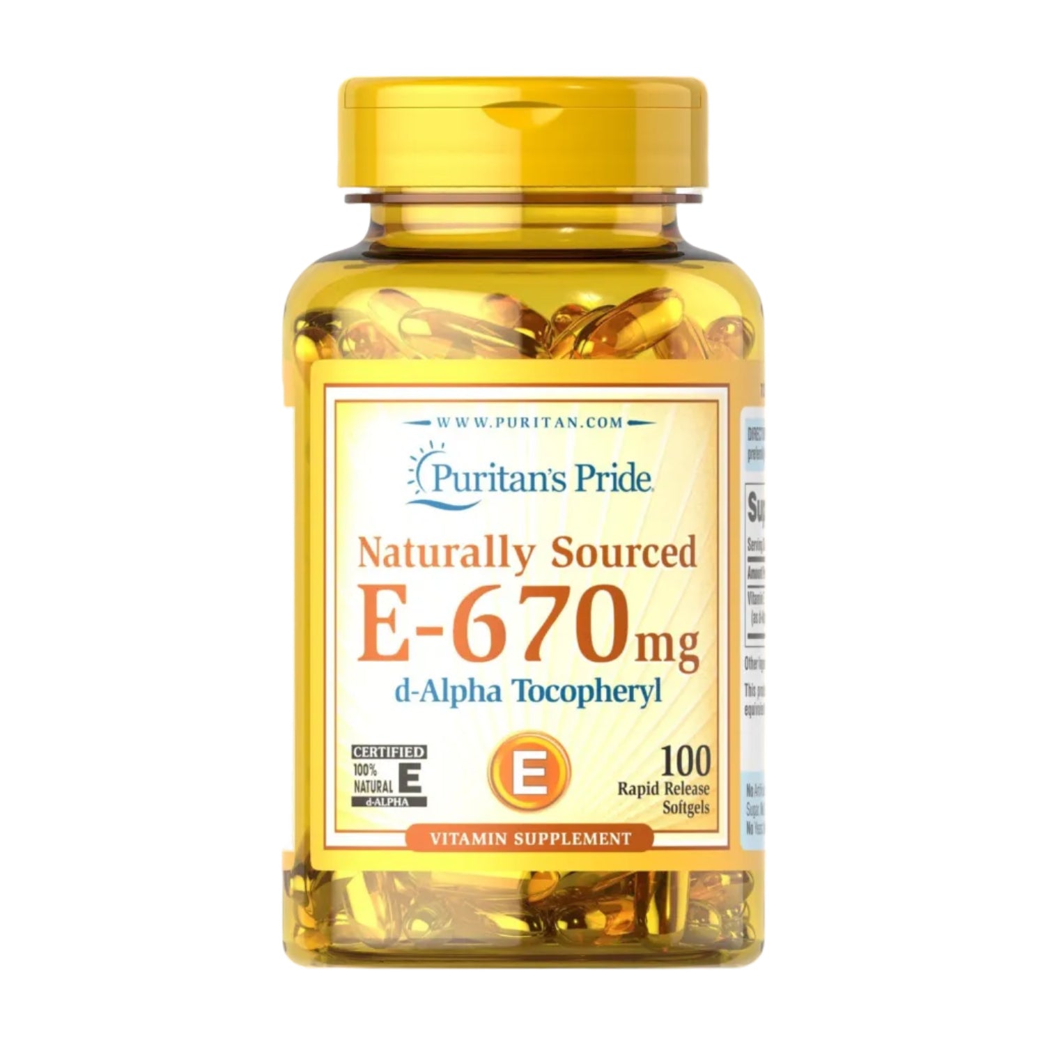 Bottle of Puritan's Pride Vitamin E 670 mg softgels, 100% natural supplement in clear plastic bottle with white cap