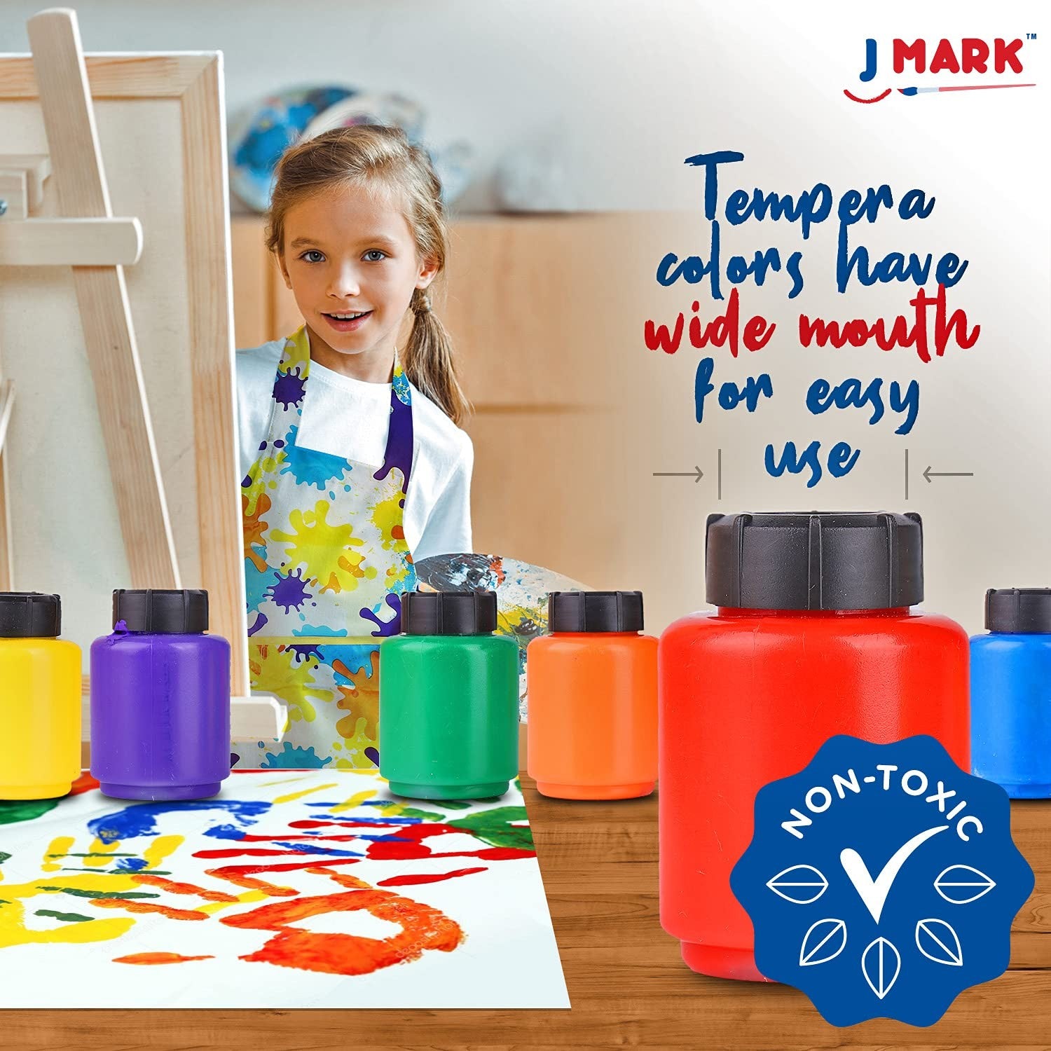 J MARK toddler painting set with spill-resistant paint cups, 32-piece all-in-one art kit for young children.