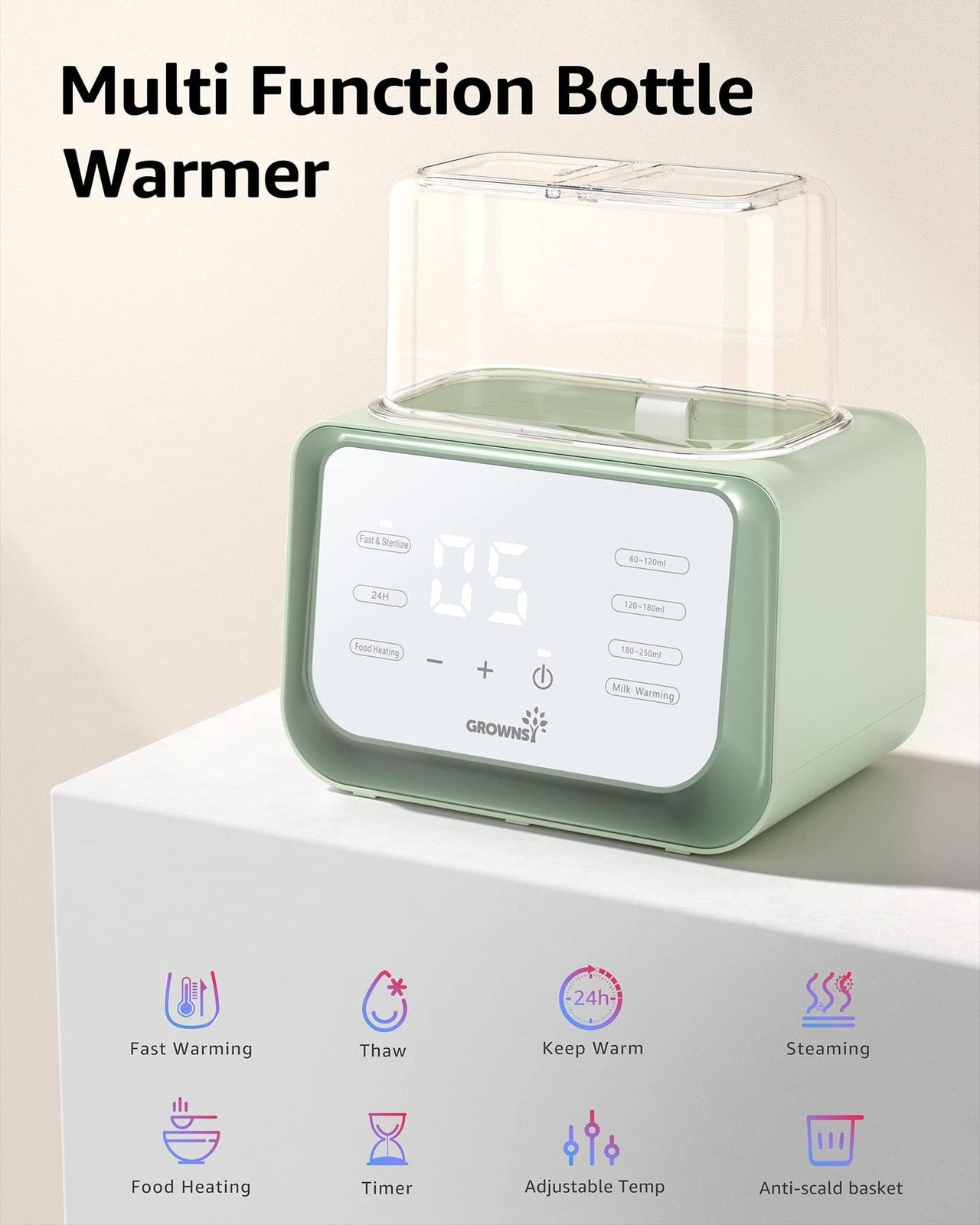 GROWNSY Baby Bottle Warmer 8-in-1 milk warmer with timer, fitting breastmilk or formula, shown with bottles and control panel.