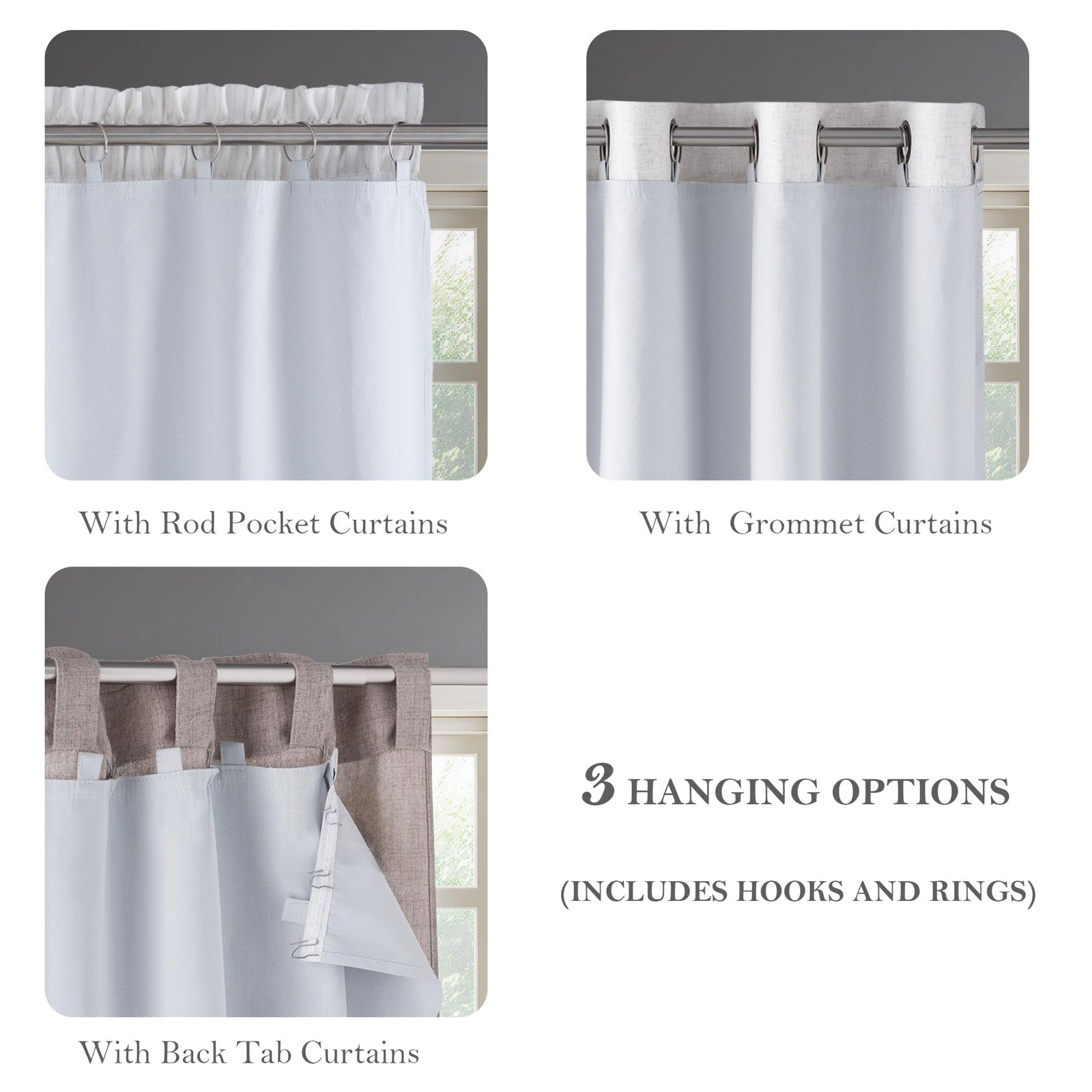 KGORGE blackout curtain liners for windows with rings and tabs, made of 100% blackout fabric for light blocking.