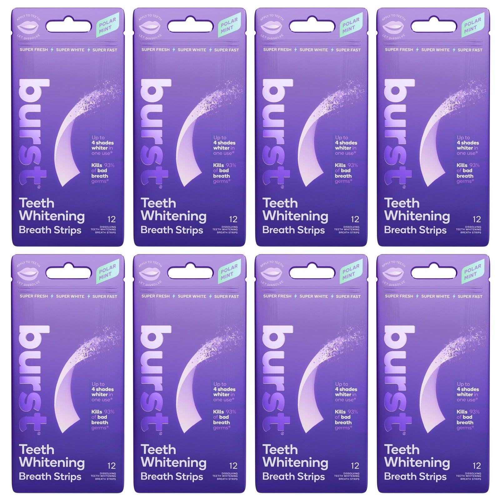 Burst Teeth Whitening Breath Strips in Polar Mint flavor, 8-pack, showing the strips and packaging for fresh breath and whitening.