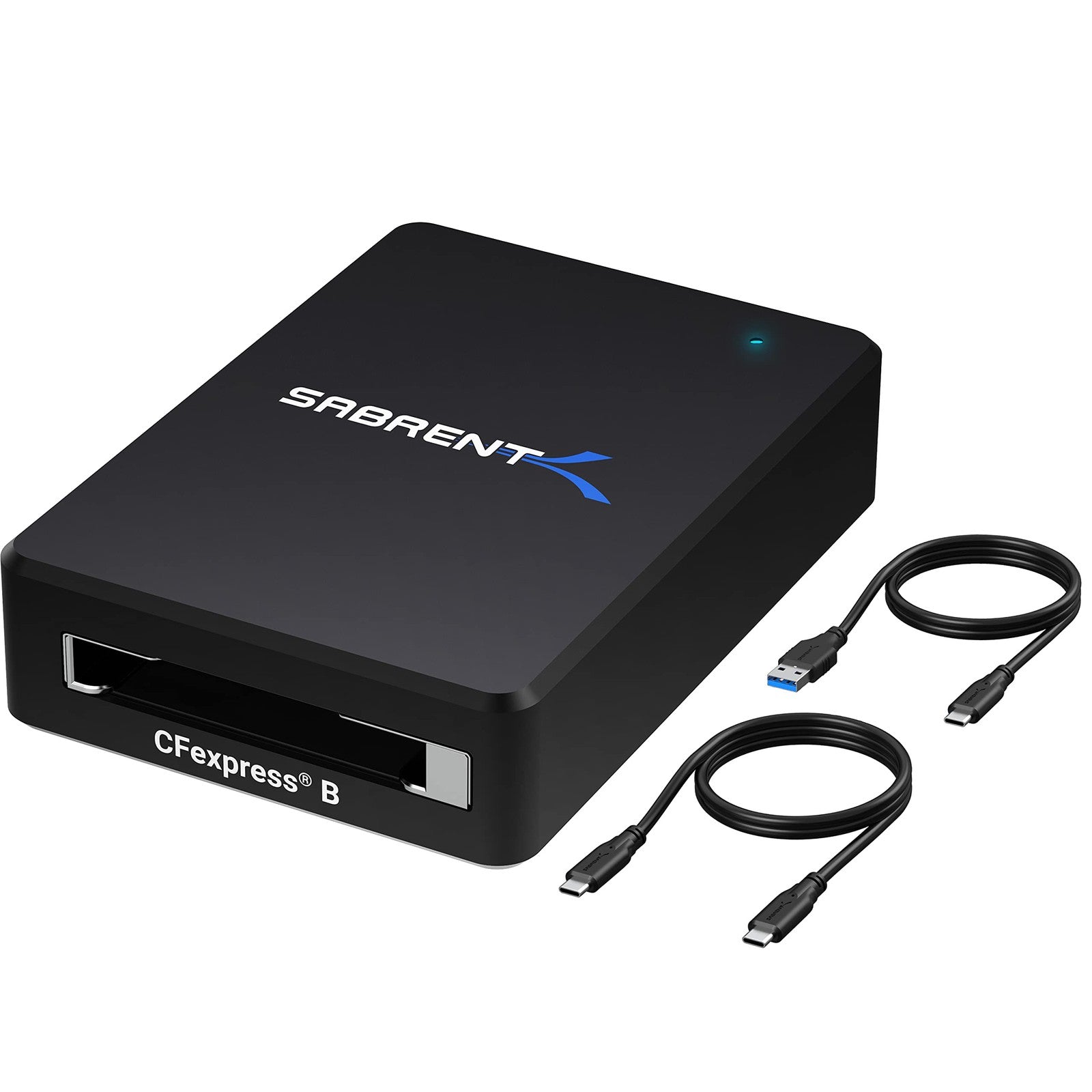 SABRENT CFexpress Type B card reader with USB 3.2 port, showcasing sleek black design and connection port on the front.