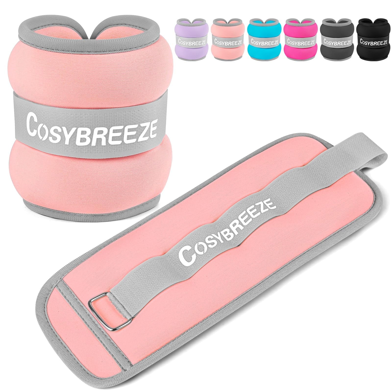 Pair of Cosybreeze 10LB ankle and wrist weights for women and men, showing black adjustable straps and weighted metal inserts.