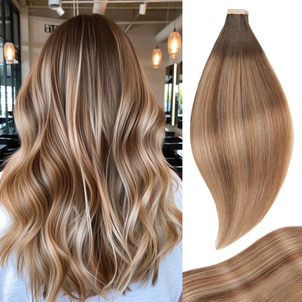 OBHD human hair tape-in extensions in chestnut brown to light brown and blonde mix, showing seamless application and natural shine.