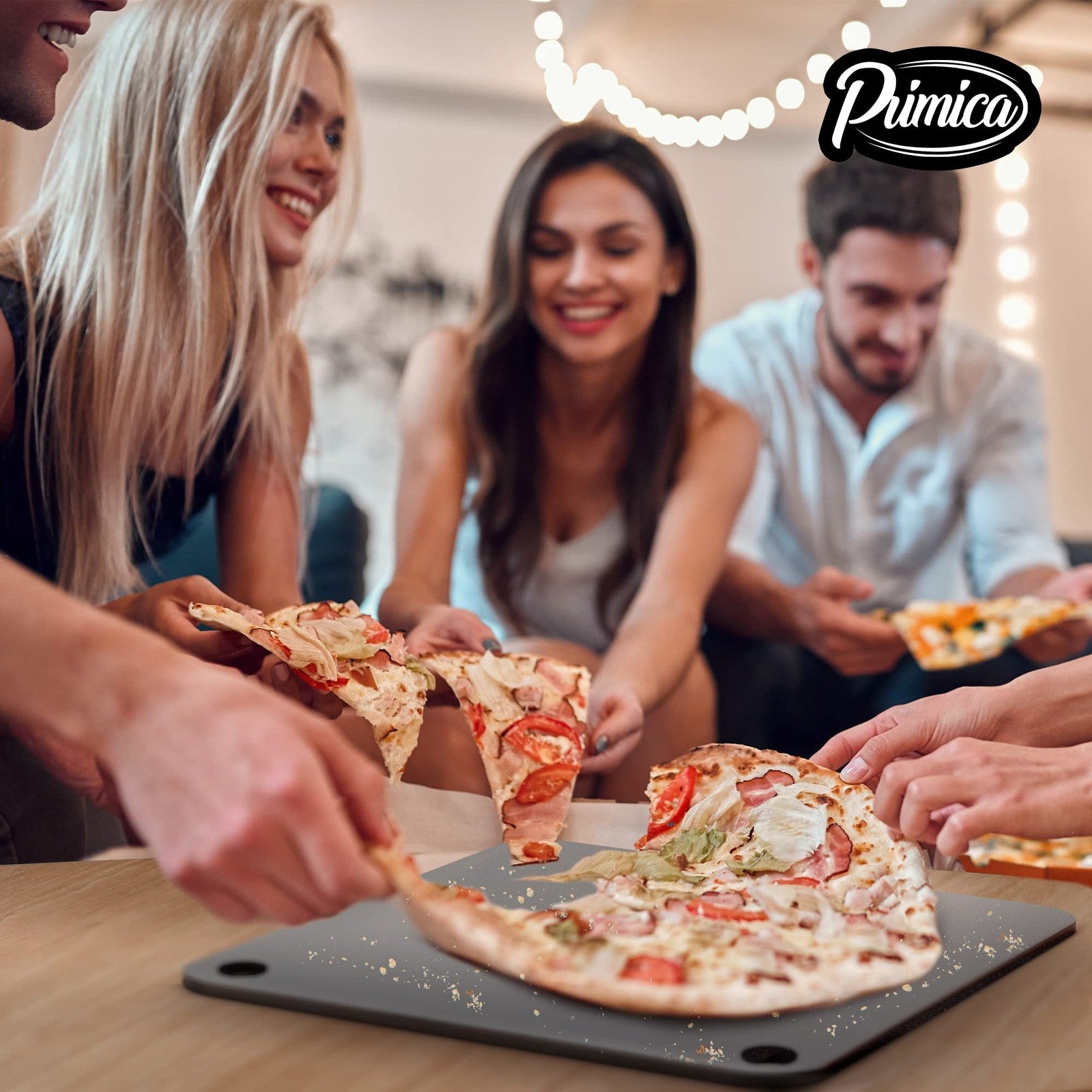 Primica pizza steel for oven grill, 13.6 x 13.6 inches, showing a freshly baked pizza crust on the steel surface