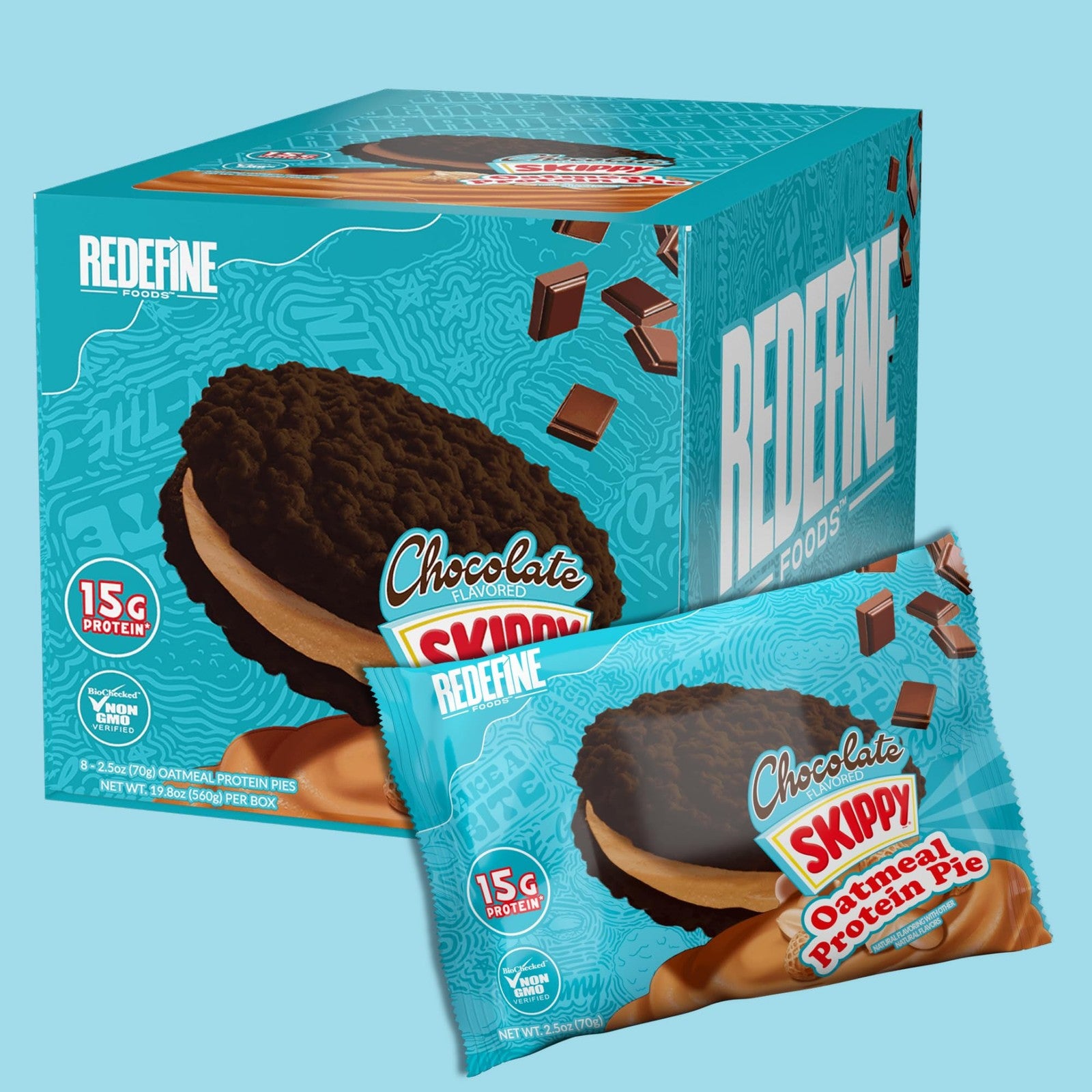 Redefine Foods oatmeal protein pie with Skippy chocolate flavor, showing 8 packs of 15g protein each in individual packaging.