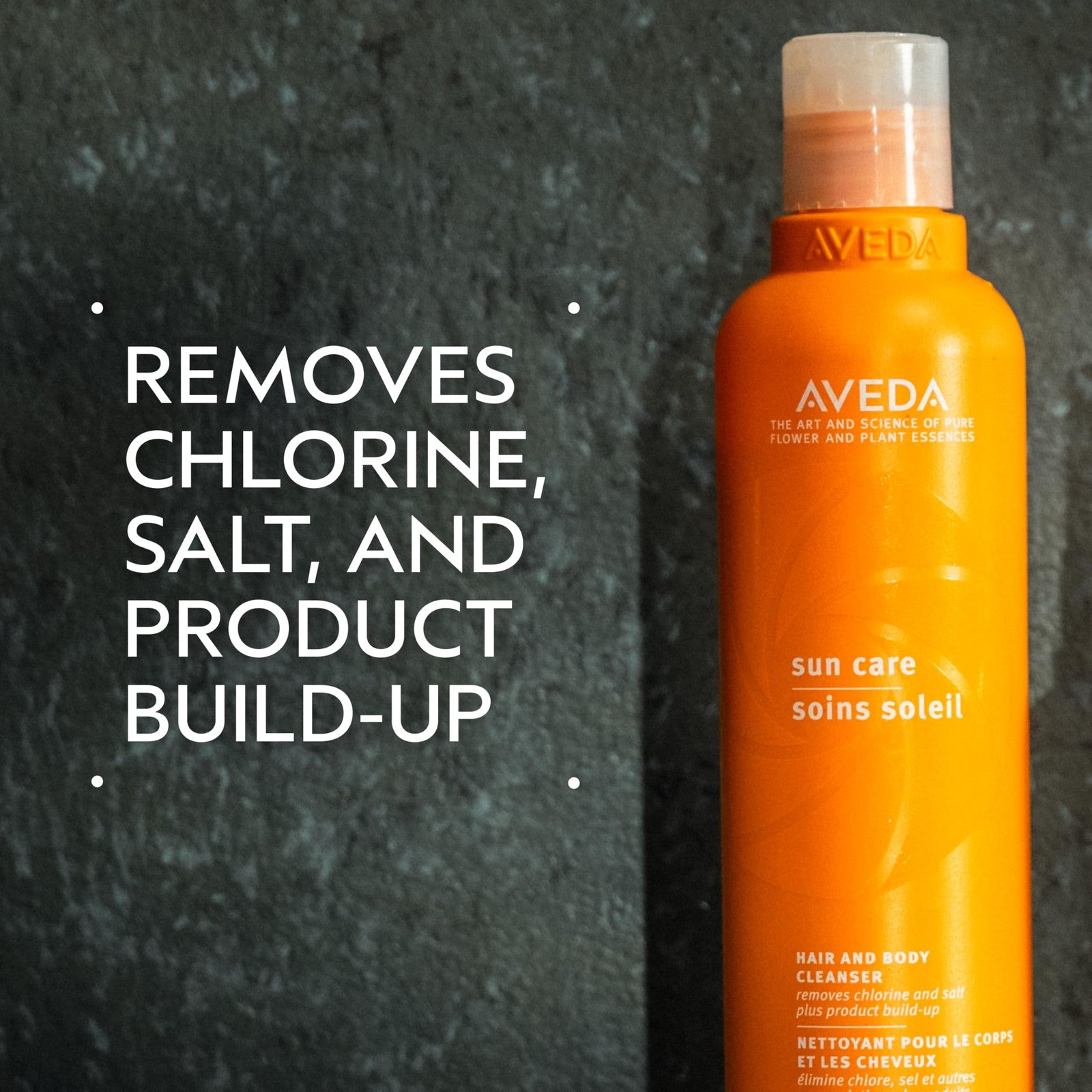 Aveda Sun Care Hair & Body Cleanser in an 8.5 oz bottle, showing the product label and packaging for removing chlorine and salt.