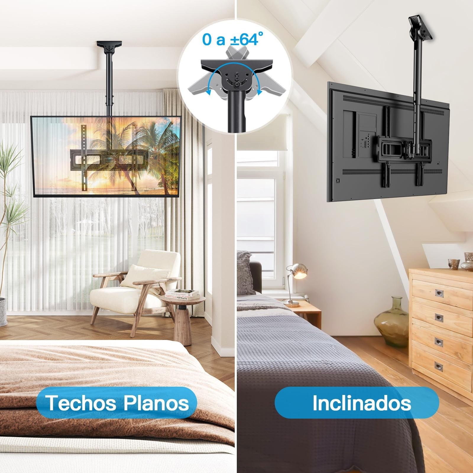 Perlesmith ceiling TV mount for 26-65 inch flat screens, adjustable VESA 400x400mm, with secure mounting arms.
