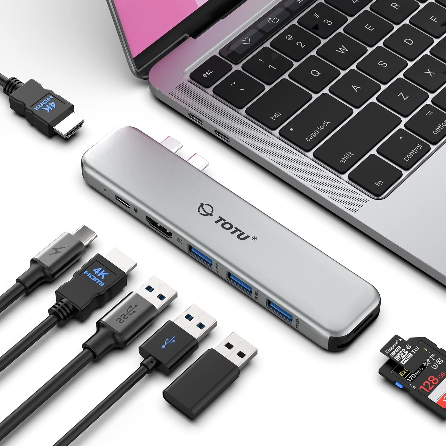 TOTU MacBook USB C hub multiport adapter with dual HDMI ports and various connections, designed for versatile MacBook docking.