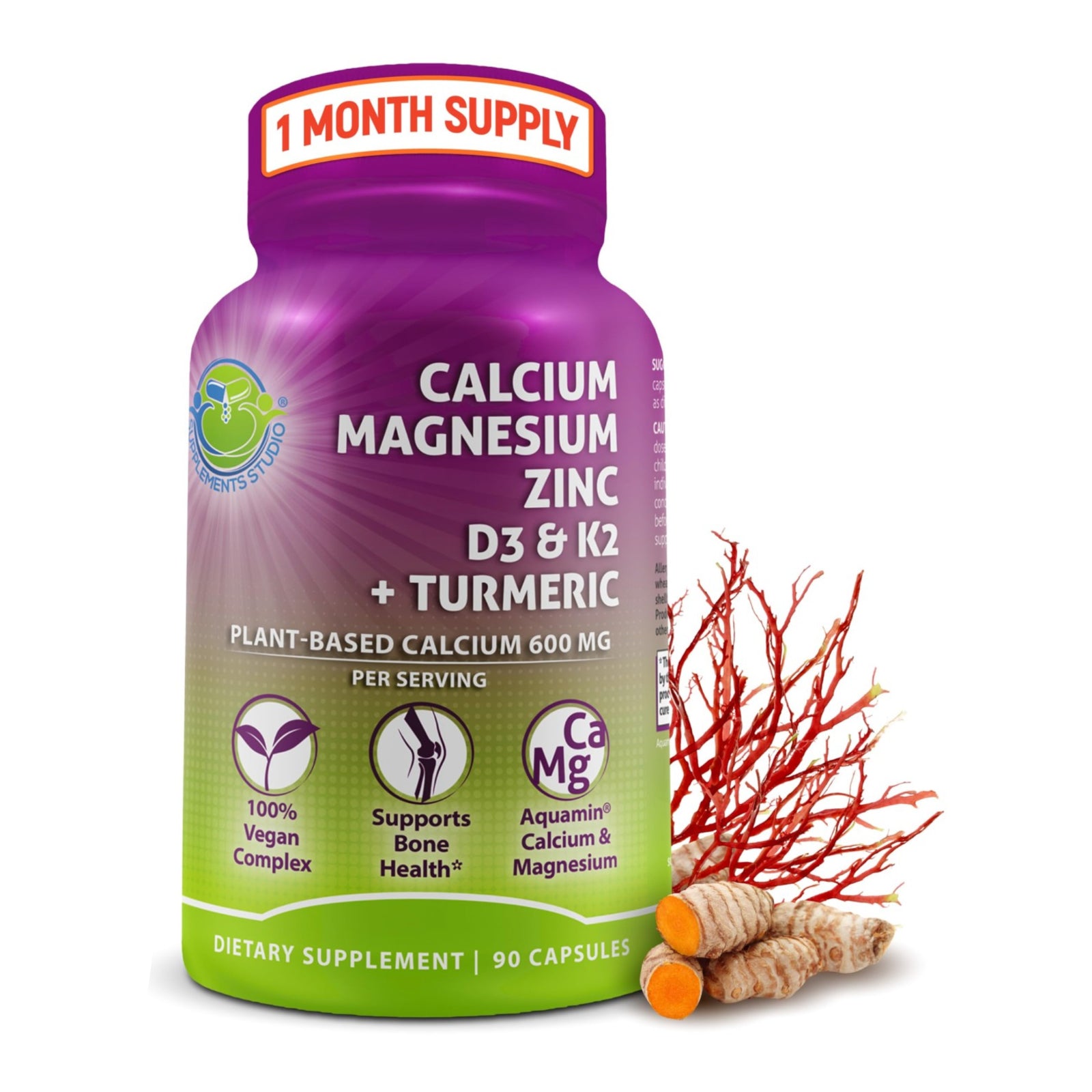 Vegan Plant-Based Calcium Magnesium Zinc D3 supplement bottle from SUPPLEMENTS STUDIO, featuring natural ingredients and label details.