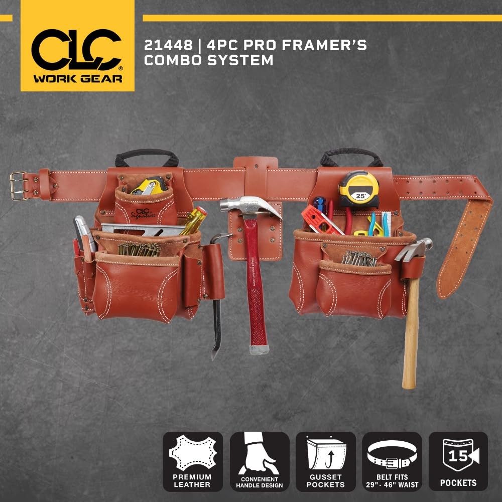 Custom Leathercraft 21448 4-piece pro framer's tool belt with multiple pouches and adjustable straps, designed for easy tool access.