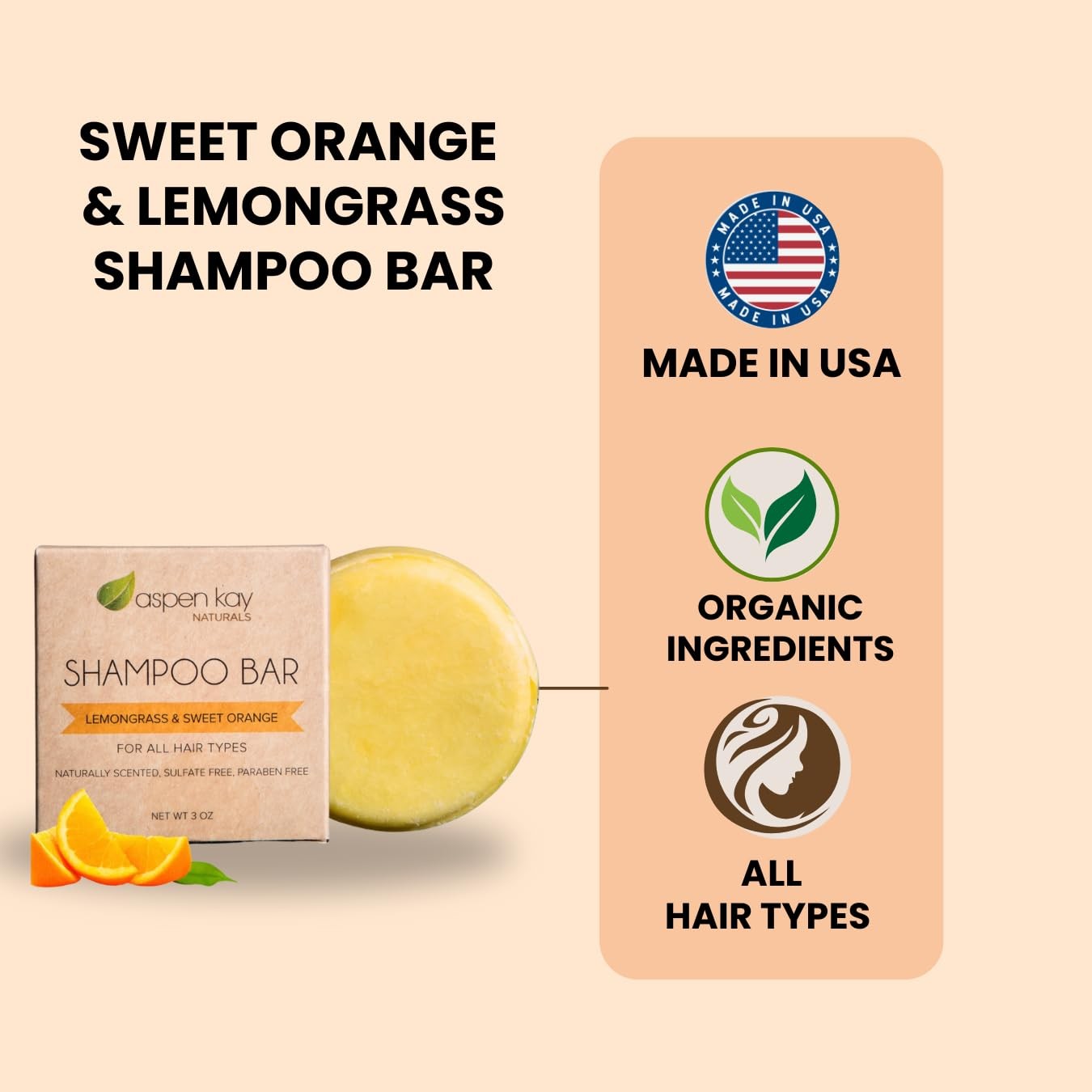 Natural Aspen Kay Naturals solid shampoo bar with organic ingredients, shown in a close-up image.