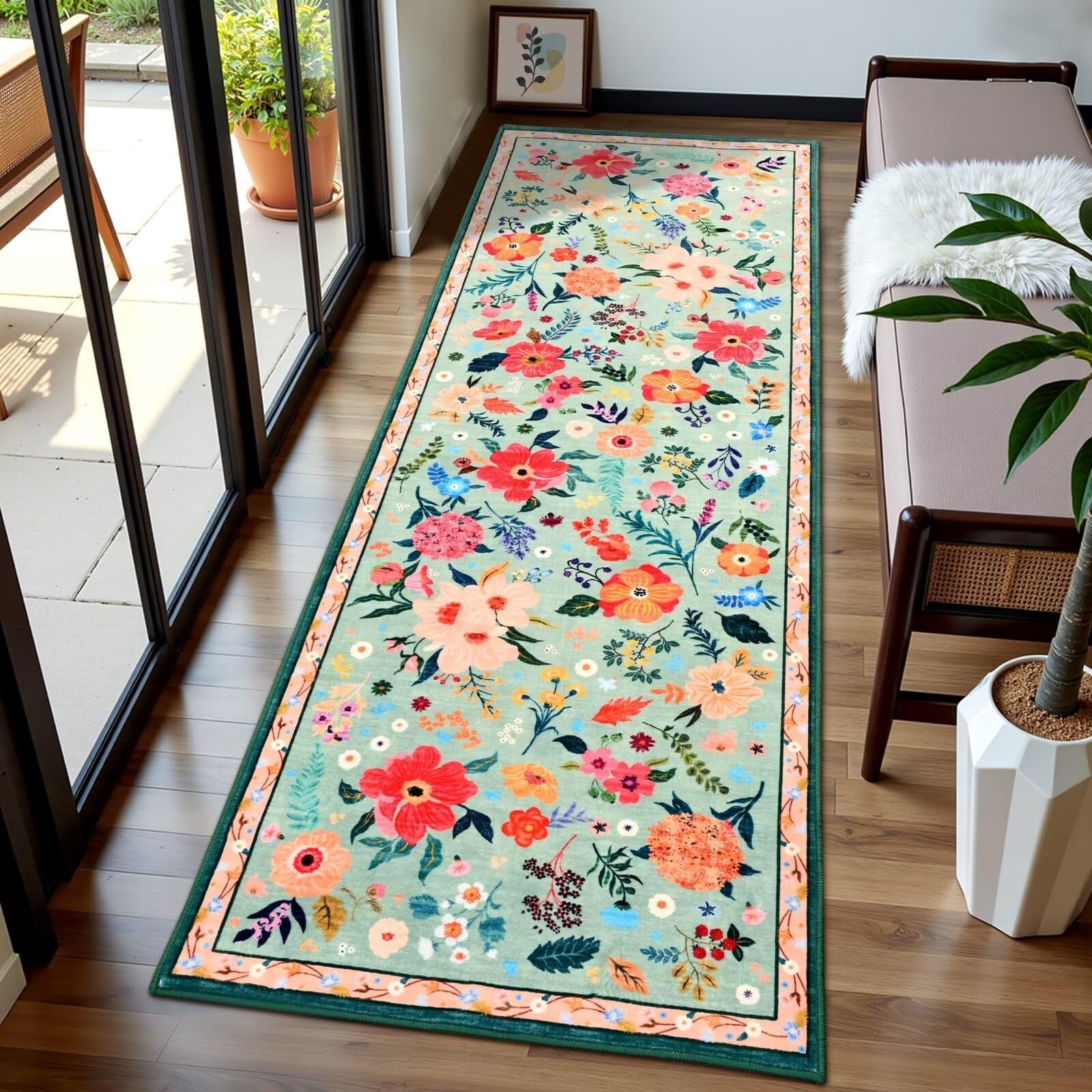 Macgace 2x6 floral runner rug with colorful flower print, washable, non-slip backing, suitable for hallway or kitchen decor