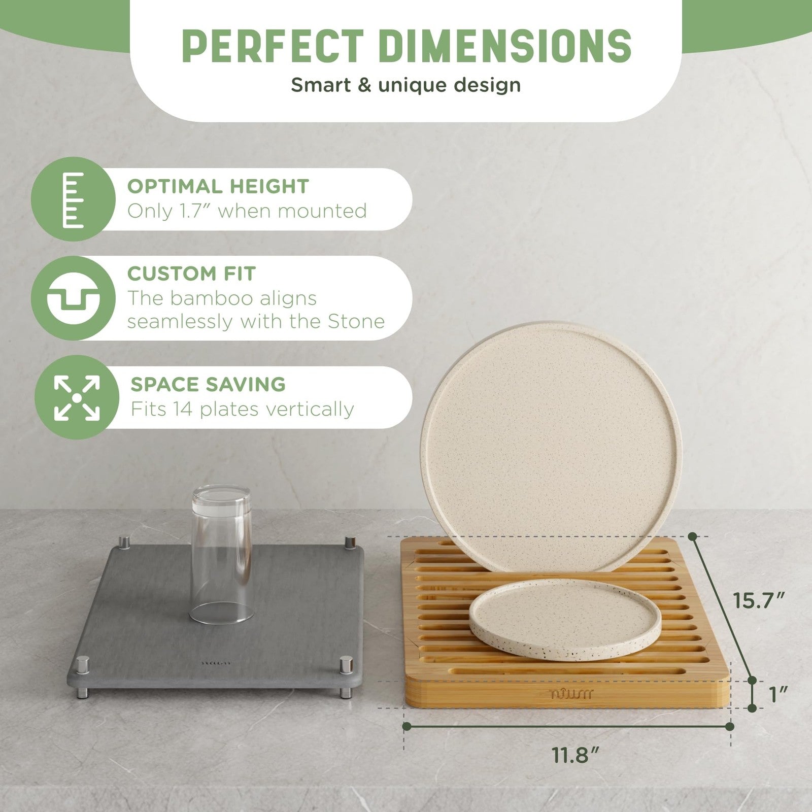 Nium diatomaceous stone drying mat with bamboo rack, 16x12 inches, for kitchen counter drying and organization.