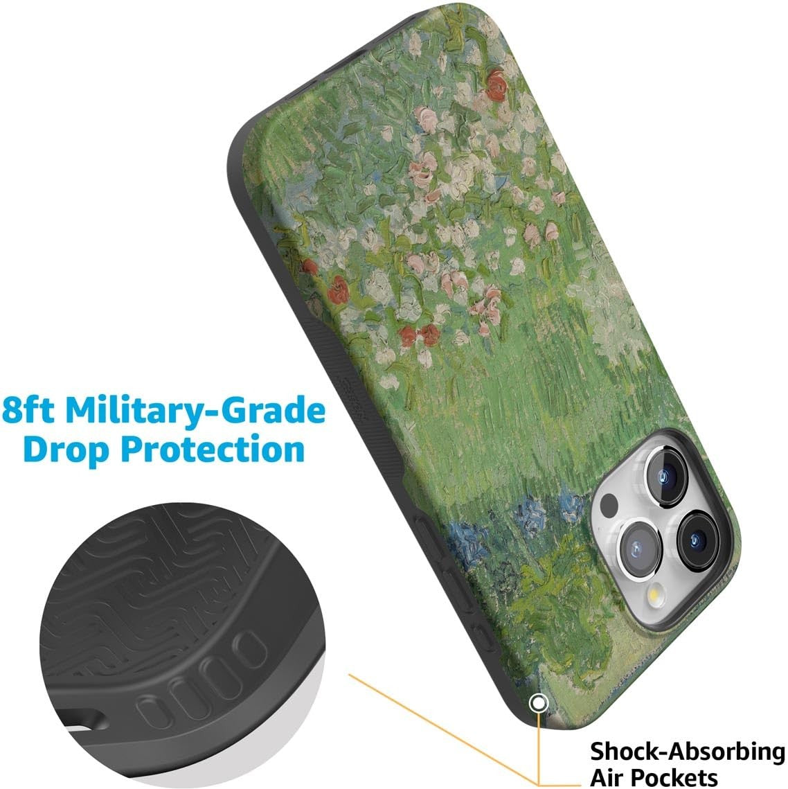 Casely iPhone 15 Pro Max case featuring Vincent’s Admired Garden artwork from Van Gogh Museum, with colorful floral design.