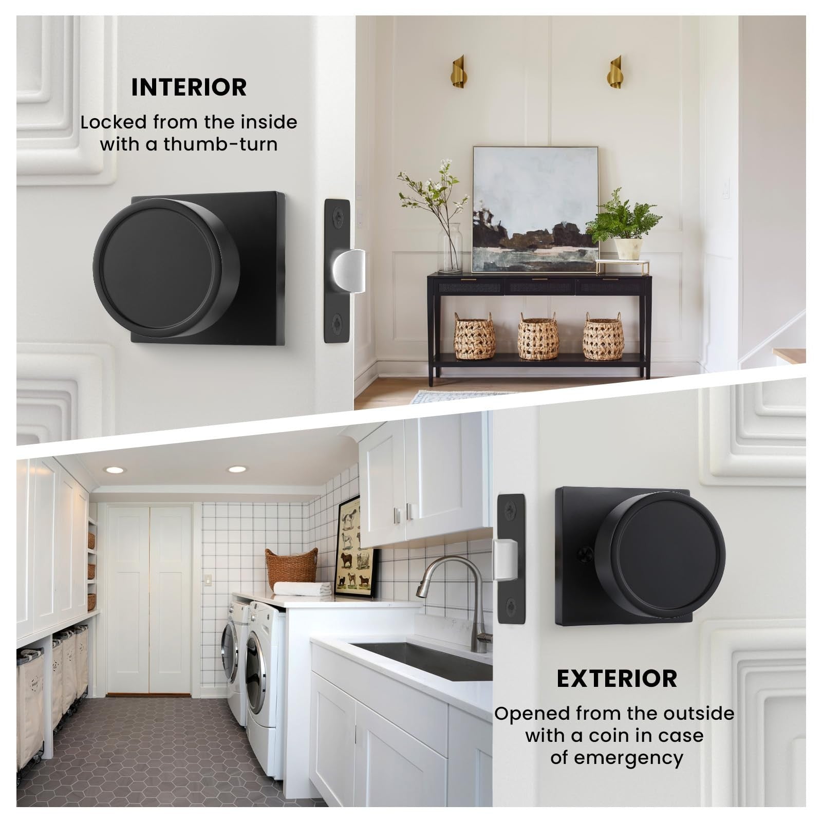 Haidms black passage door knob set with heavy-duty round matte black interior design, no key required.