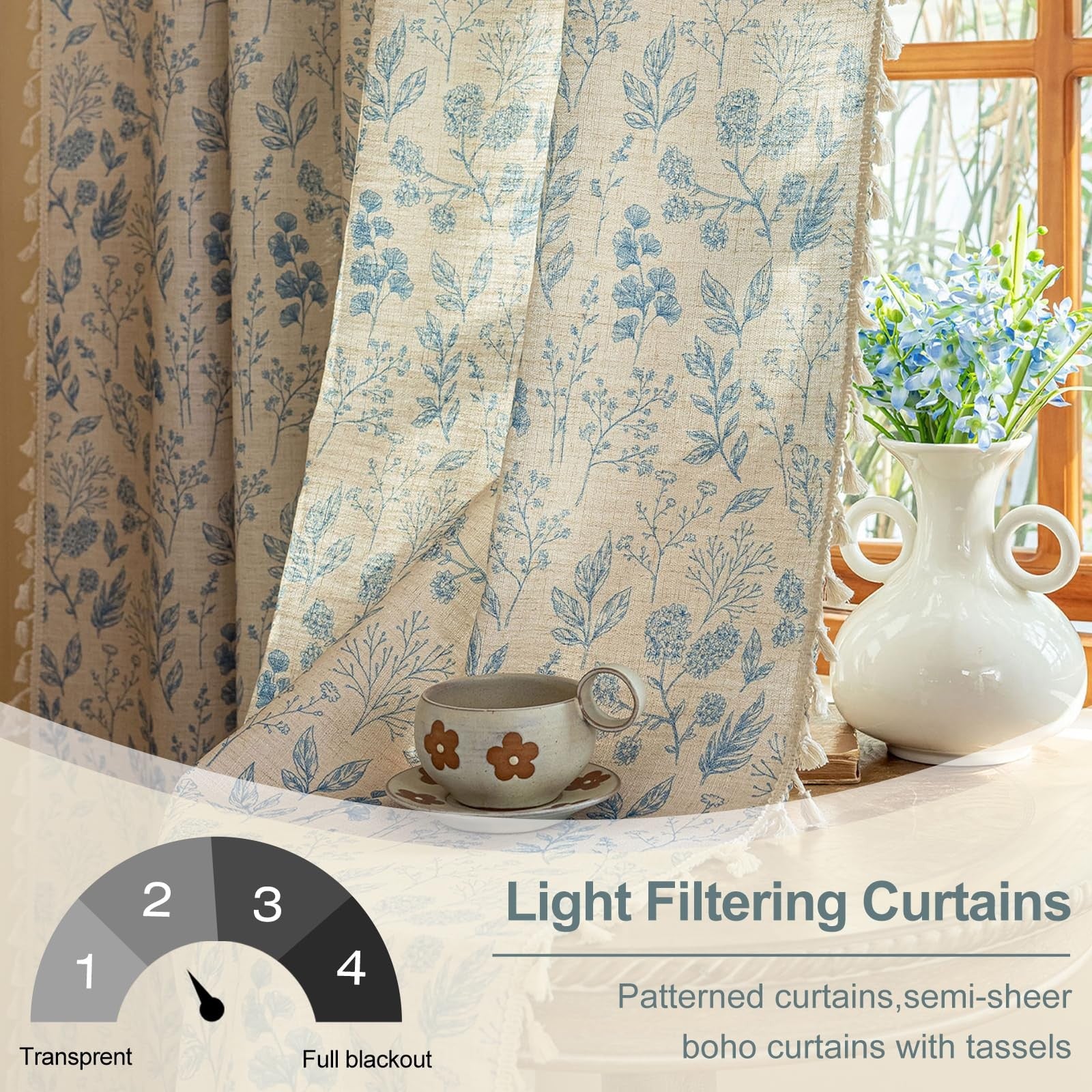OYX blue floral boho curtains with light filtering fabric, 84-inch length, pair of two panels for living room decor