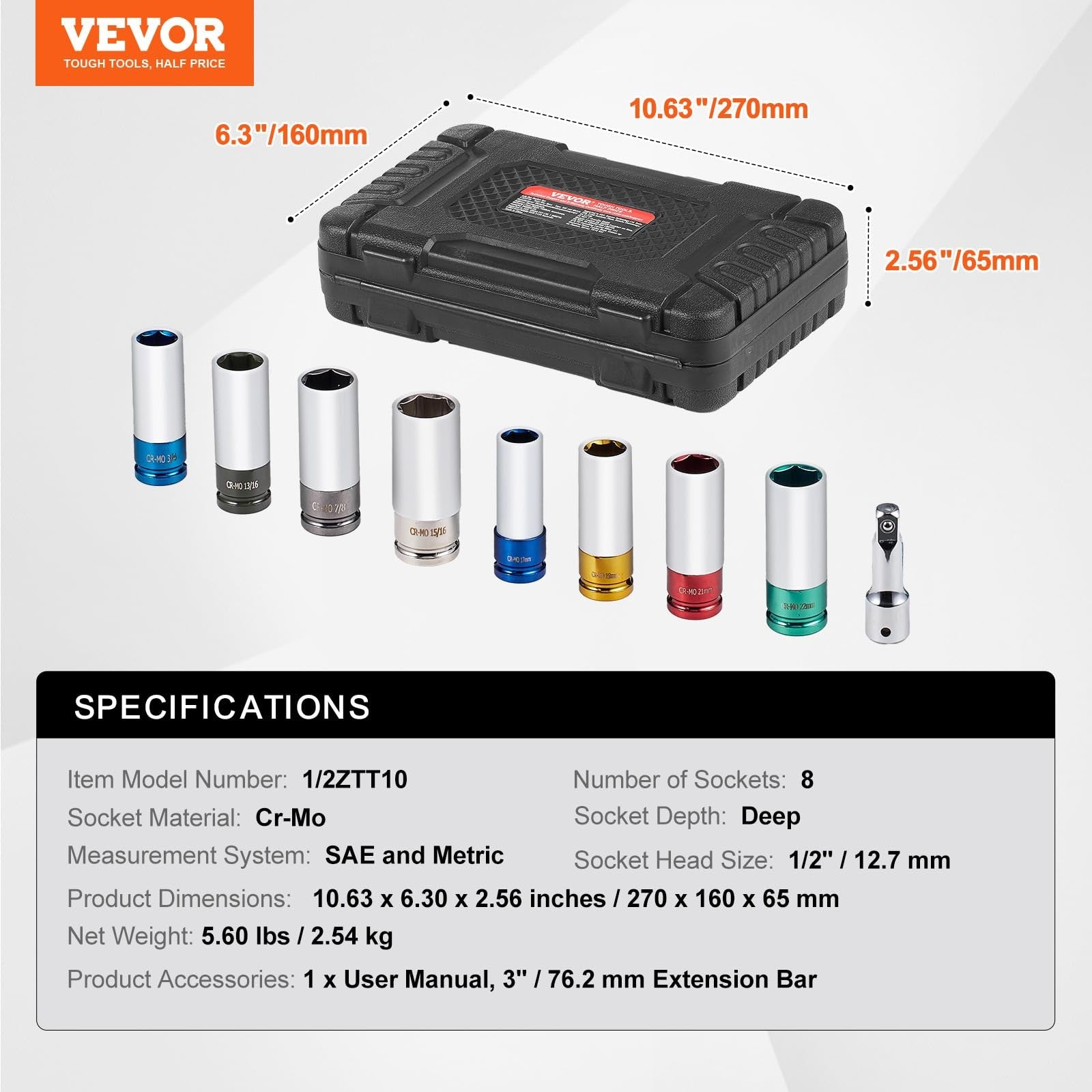 VEVOR 9-piece 1/2 inch drive impact socket set with metric and SAE 6-point lug nuts on a black background.