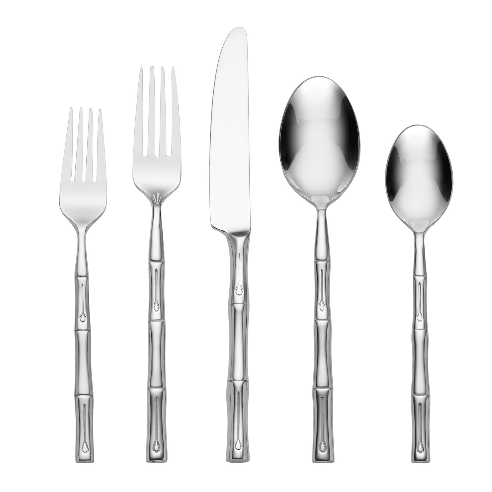 Hampton Forge Hampton Signature bamboo 20-piece flatware set for 4, includes forks, knives, spoons, and teaspoons on a white background.
