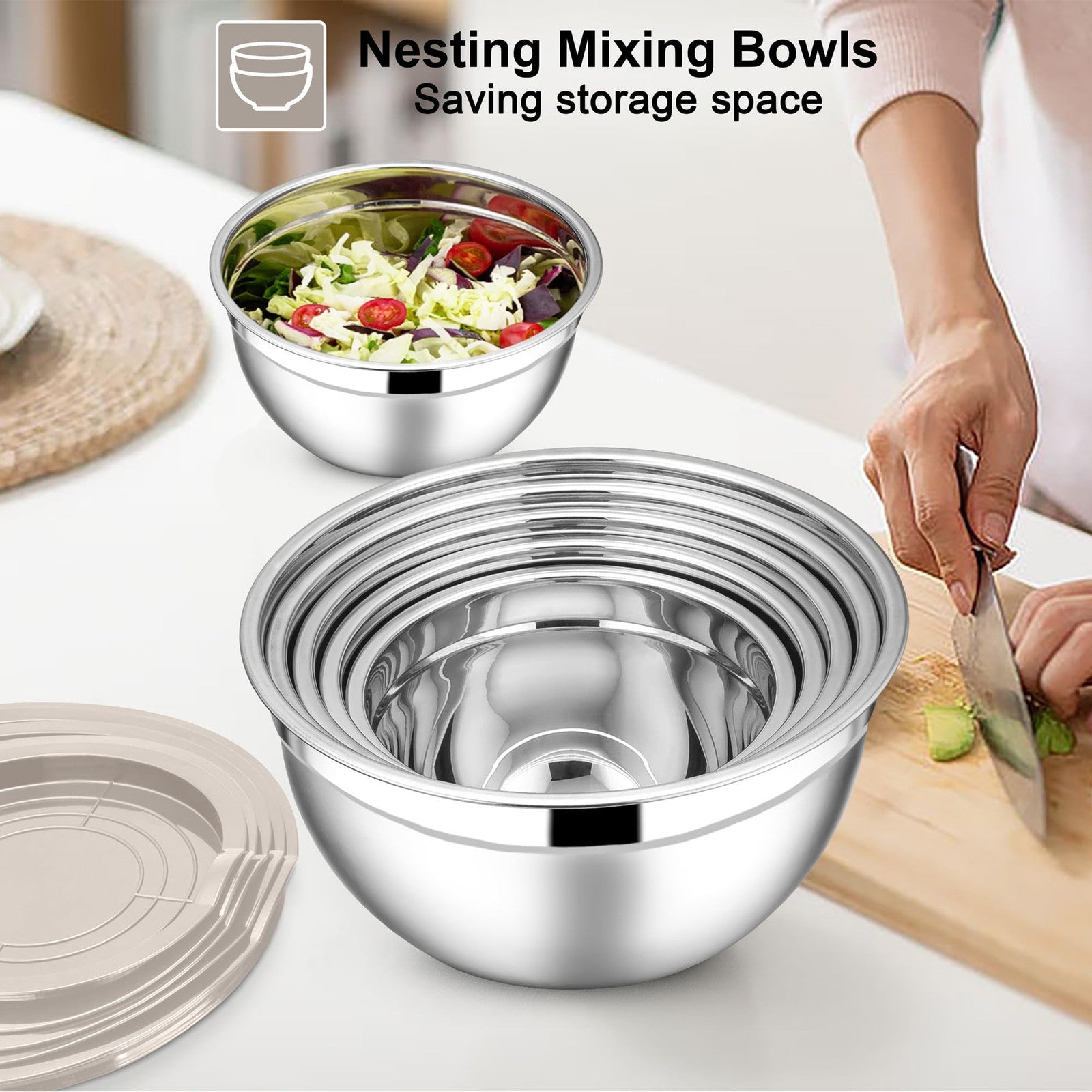 E-far 21-piece stainless steel mixing bowls set with lids, including various sizes for salads, baking, and food prep.