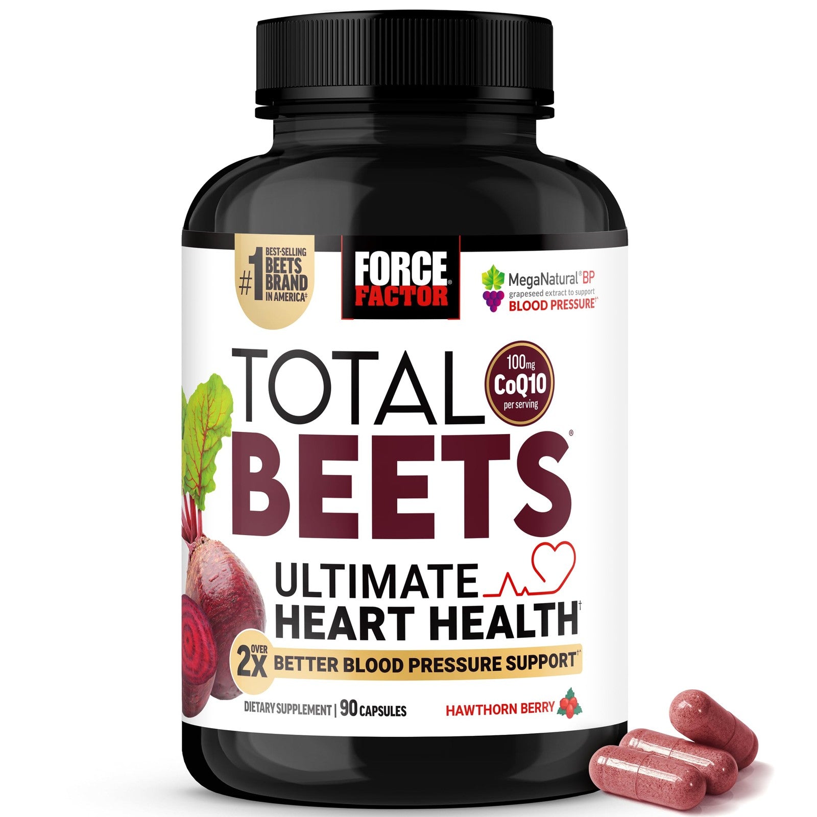 Force Factor Total Beets Ultimate Heart Health beet root capsules, showing the bottle and capsules on a white background.