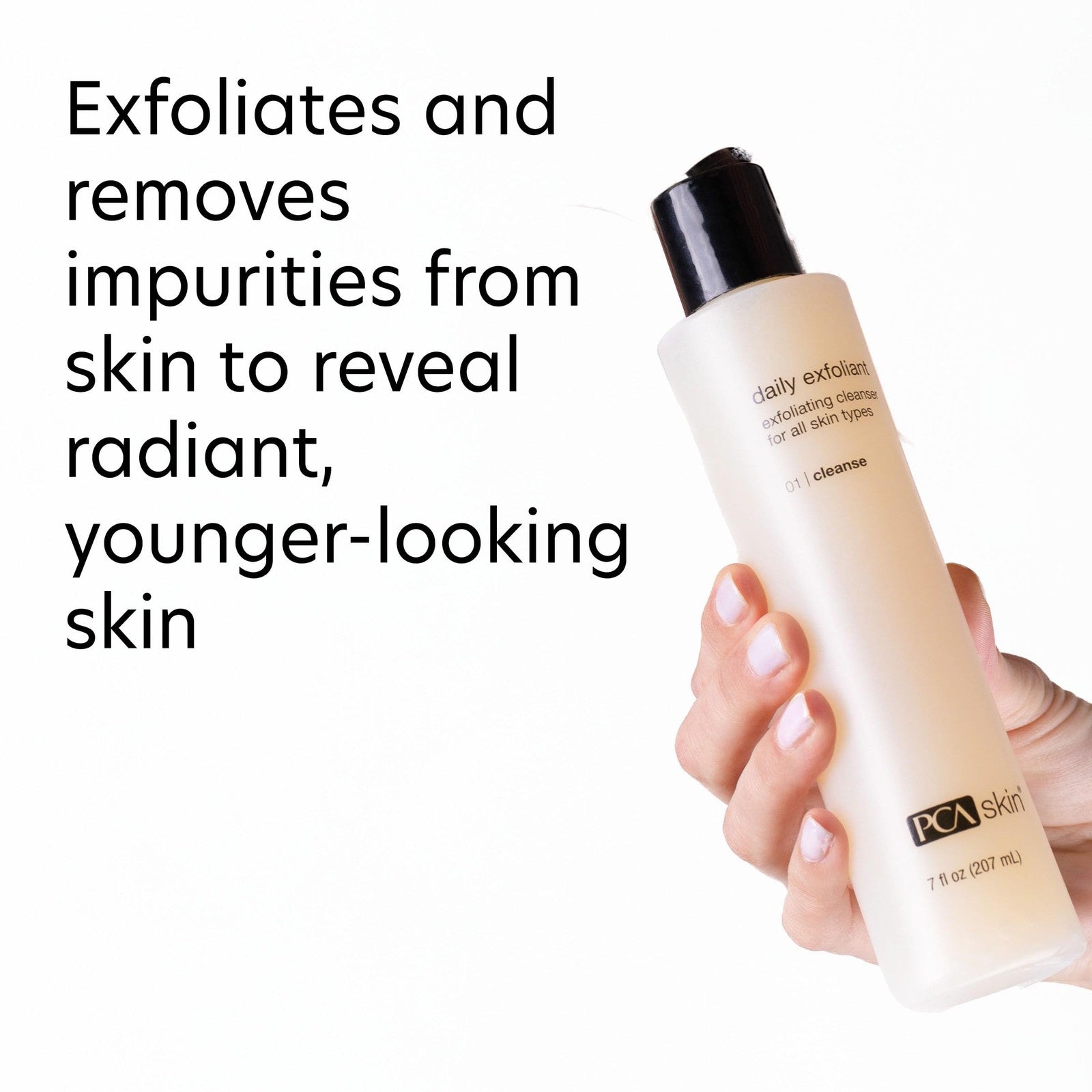 PCA SKIN Daily Face Exfoliant Cleanser with moisturizing face wash and gentle cleansing action, shown in a clear pump bottle.