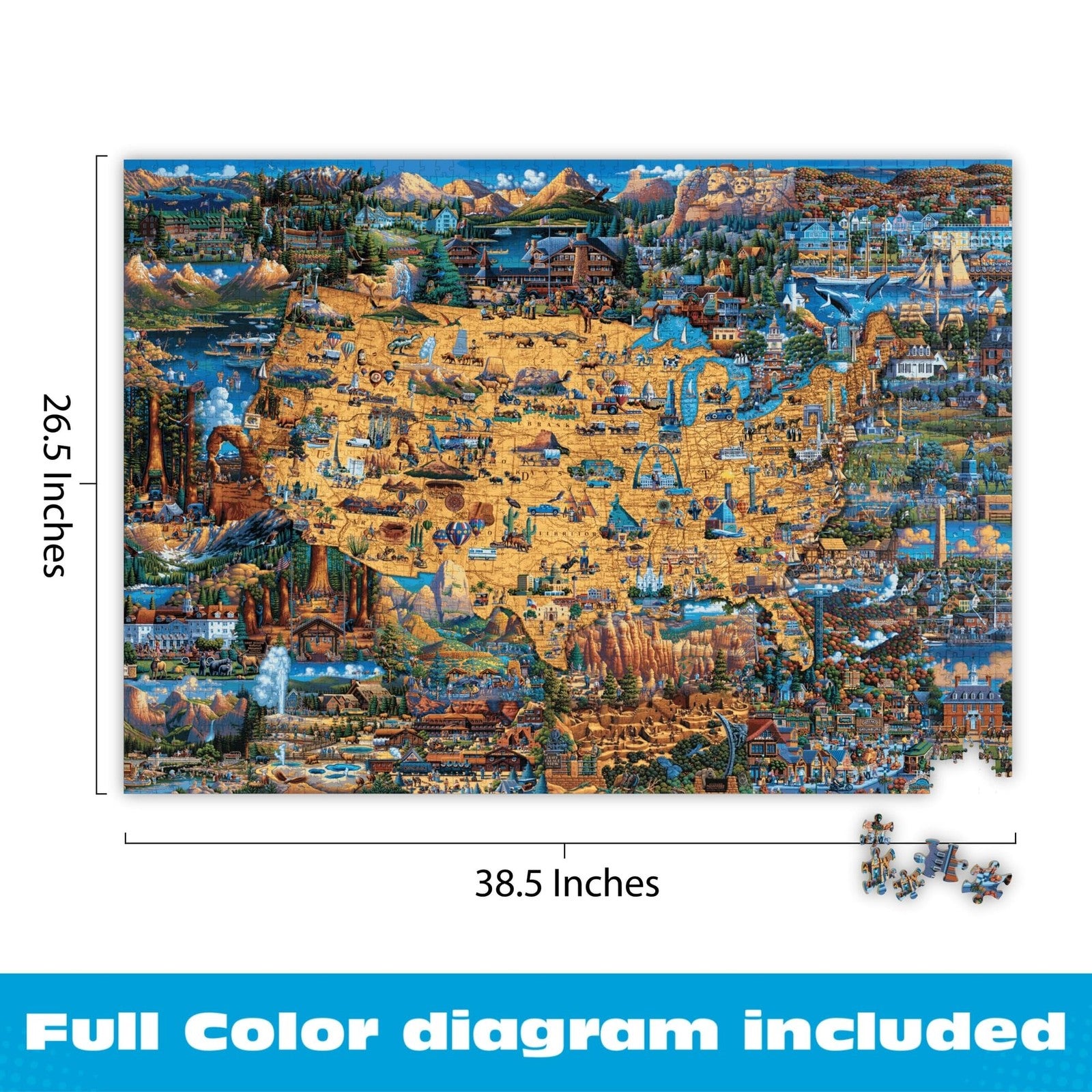 Buffalo Games Dowdle National Parks Map 2000-piece jigsaw puzzle for adults, featuring detailed park illustrations and vibrant colors.