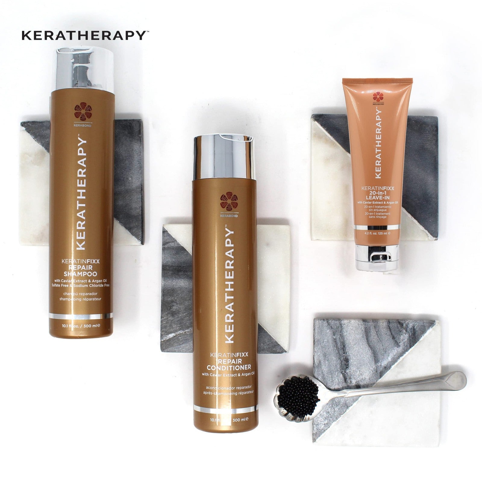 KERATHERAPY KeratinFIXX 20-in-1 leave-in spray bottle showing label and packaging, designed for hair care and keratin treatment.