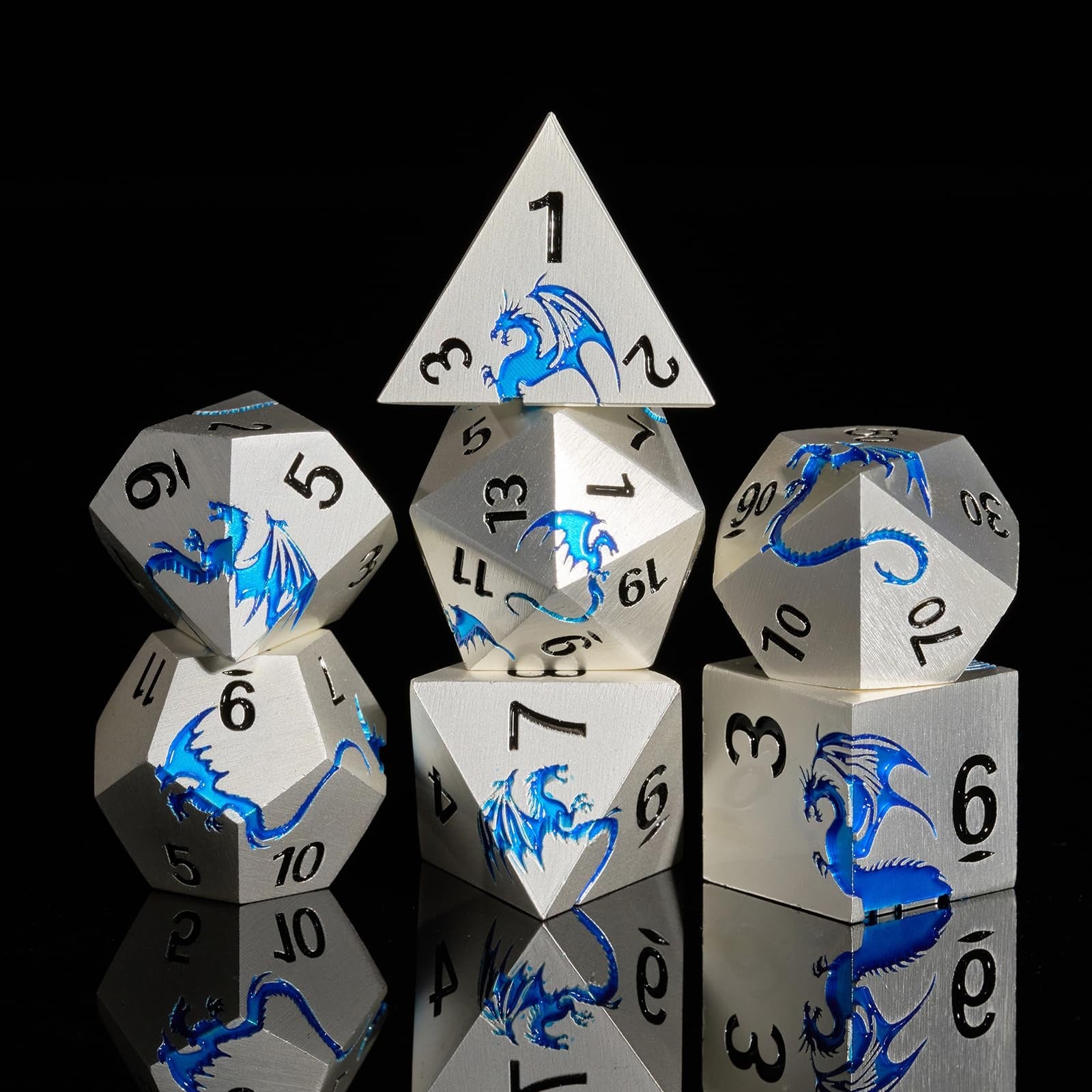 HNCCESG Blue Dragon metal D&D dice set with seven zinc alloy RPG dice for tabletop gaming and role-playing adventures.
