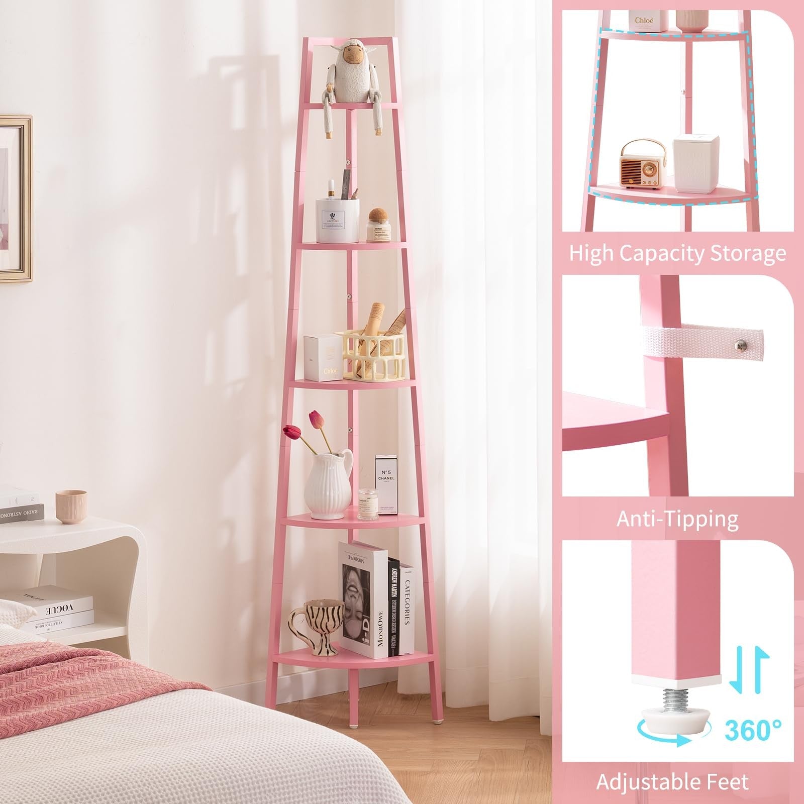 Yoobure 5-tier corner bookshelf with metal frame and ladder design, ideal for storage and decorative display in living spaces.