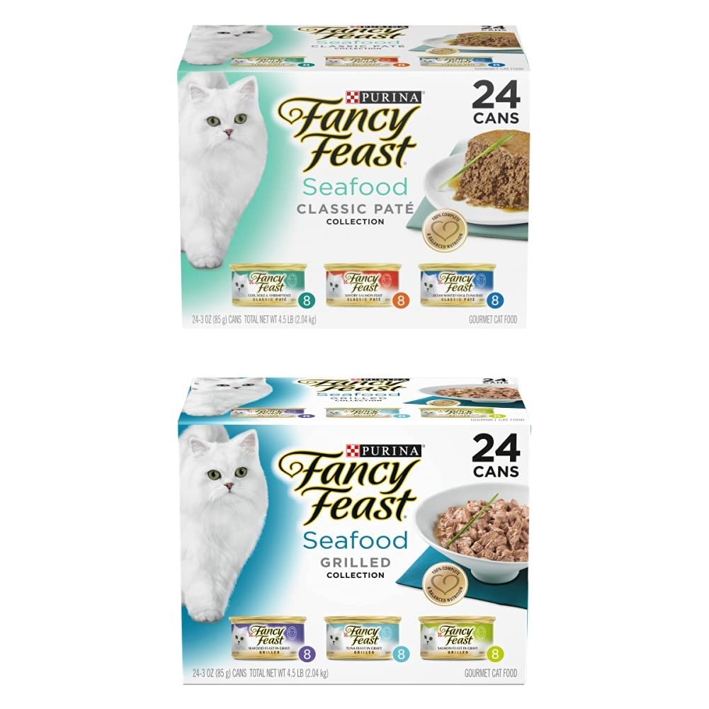 Purina Fancy Feast Grain Free Pate Wet Cat Food Variety Pack with seafood flavors, featuring classic pate textures for cats.