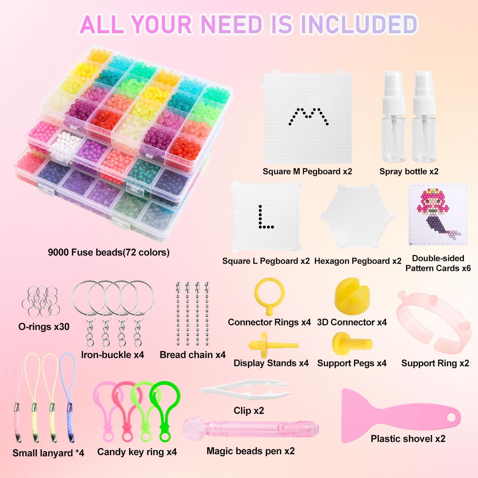 Liangding 9000 pcs non-iron fuse beads kit with 72 colors and 5mm spray-activated beads on pegb for craft projects.