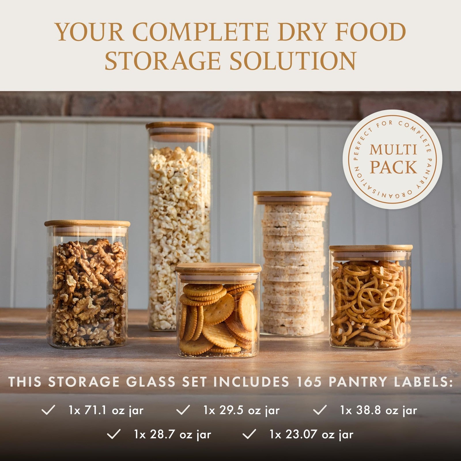 Set of five Livabl glass pantry storage containers with lids, featuring 165 labels for organized kitchen storage.
