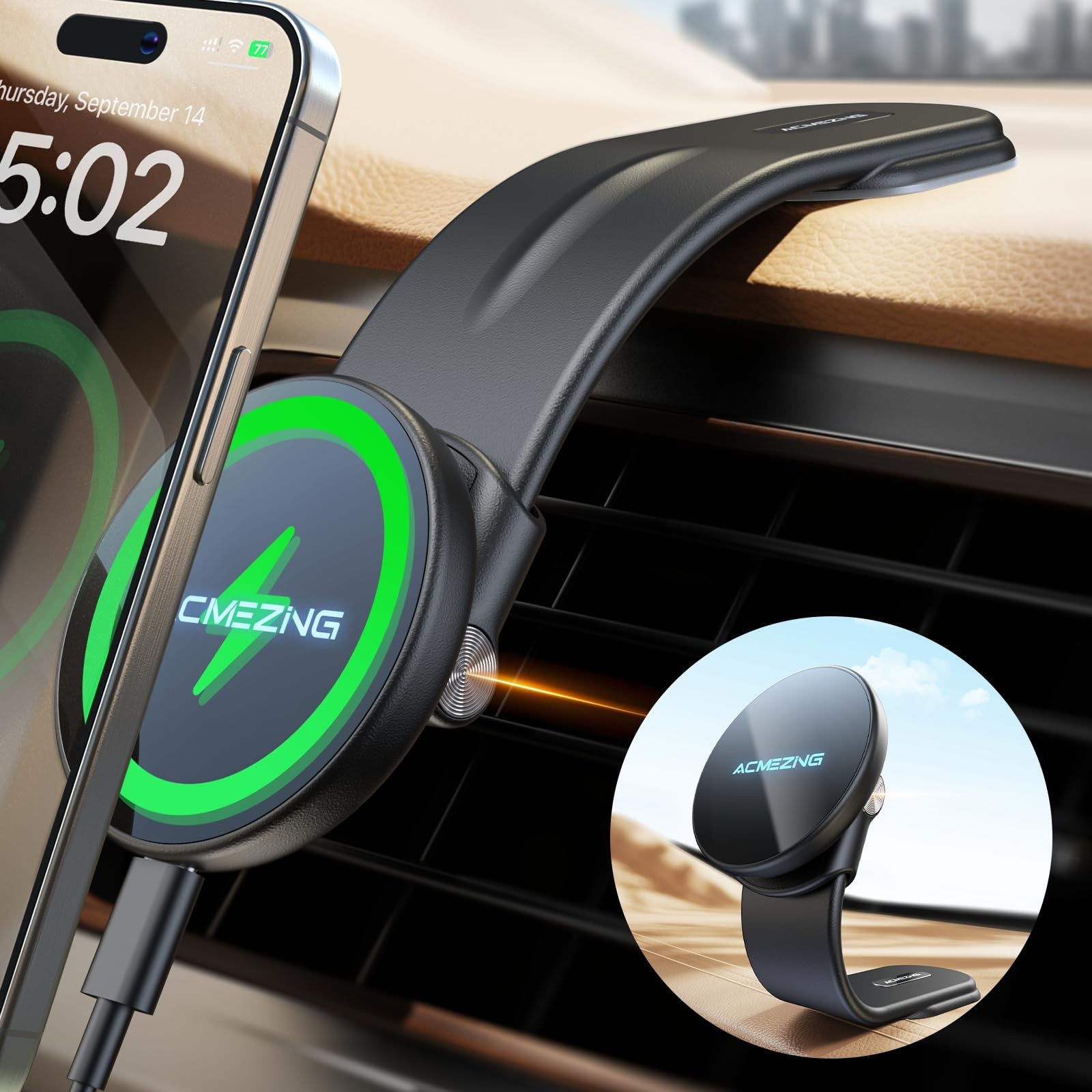 ACMEZING 15W MagSafe car mount charger for iPhone, adjustable aluminum alloy holder with 360-degree rotation.