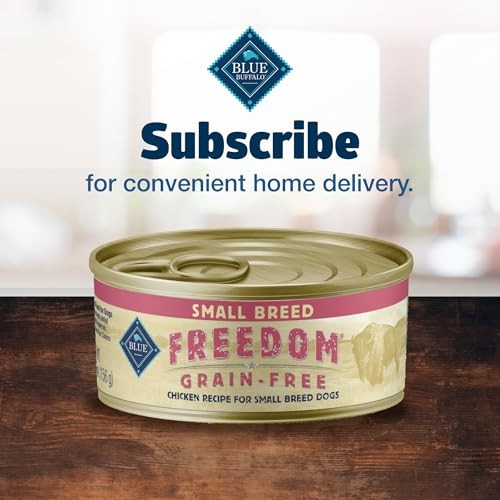 Blue Buffalo Freedom grain-free adult small breed wet dog food with chicken, showing a bowl of moist dog food with chicken chunks.
