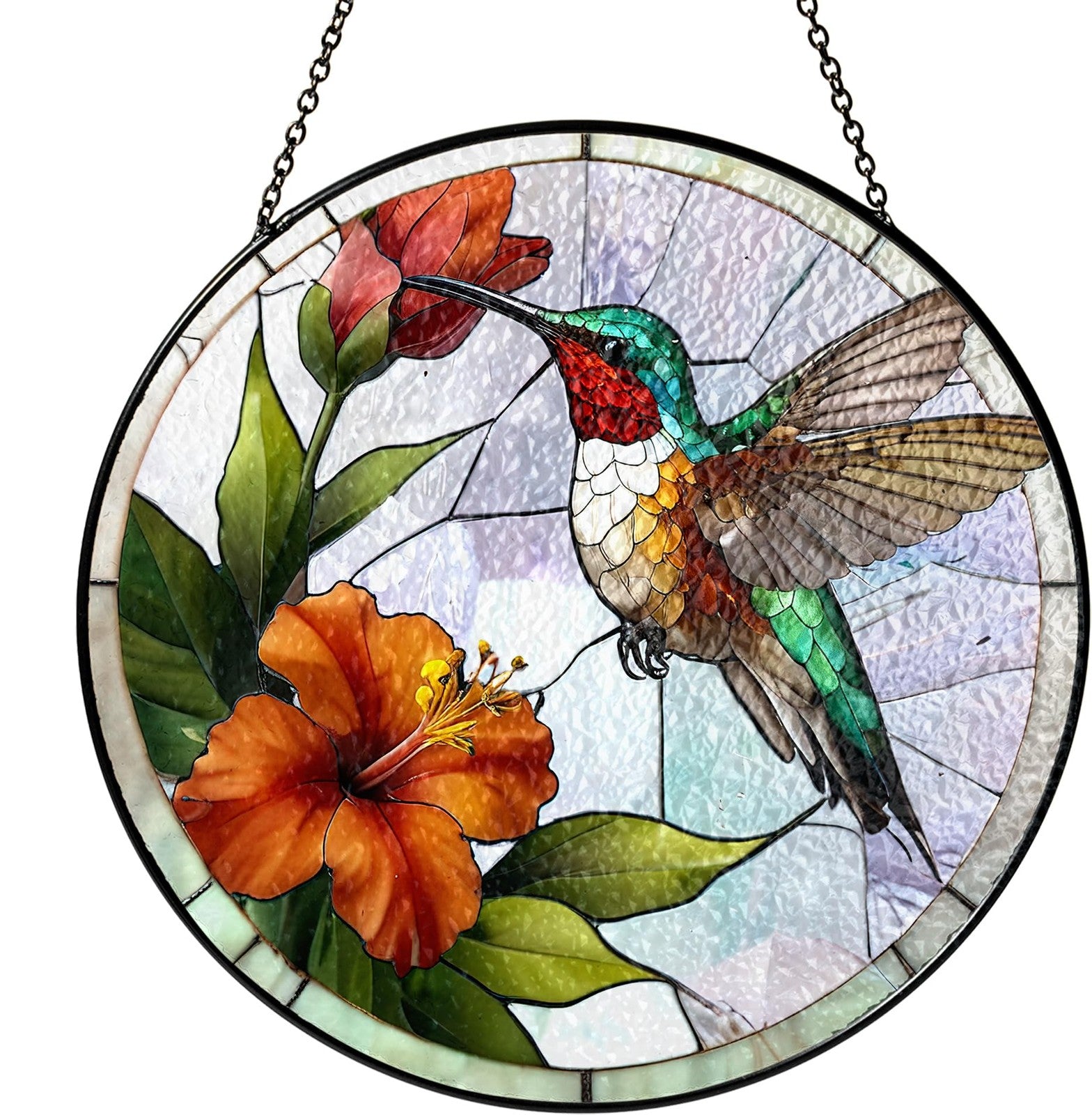 Vinatimes 6-inch green hummingbird stained glass suncatcher with colorful flowers, decorative art glass bird for home decor.