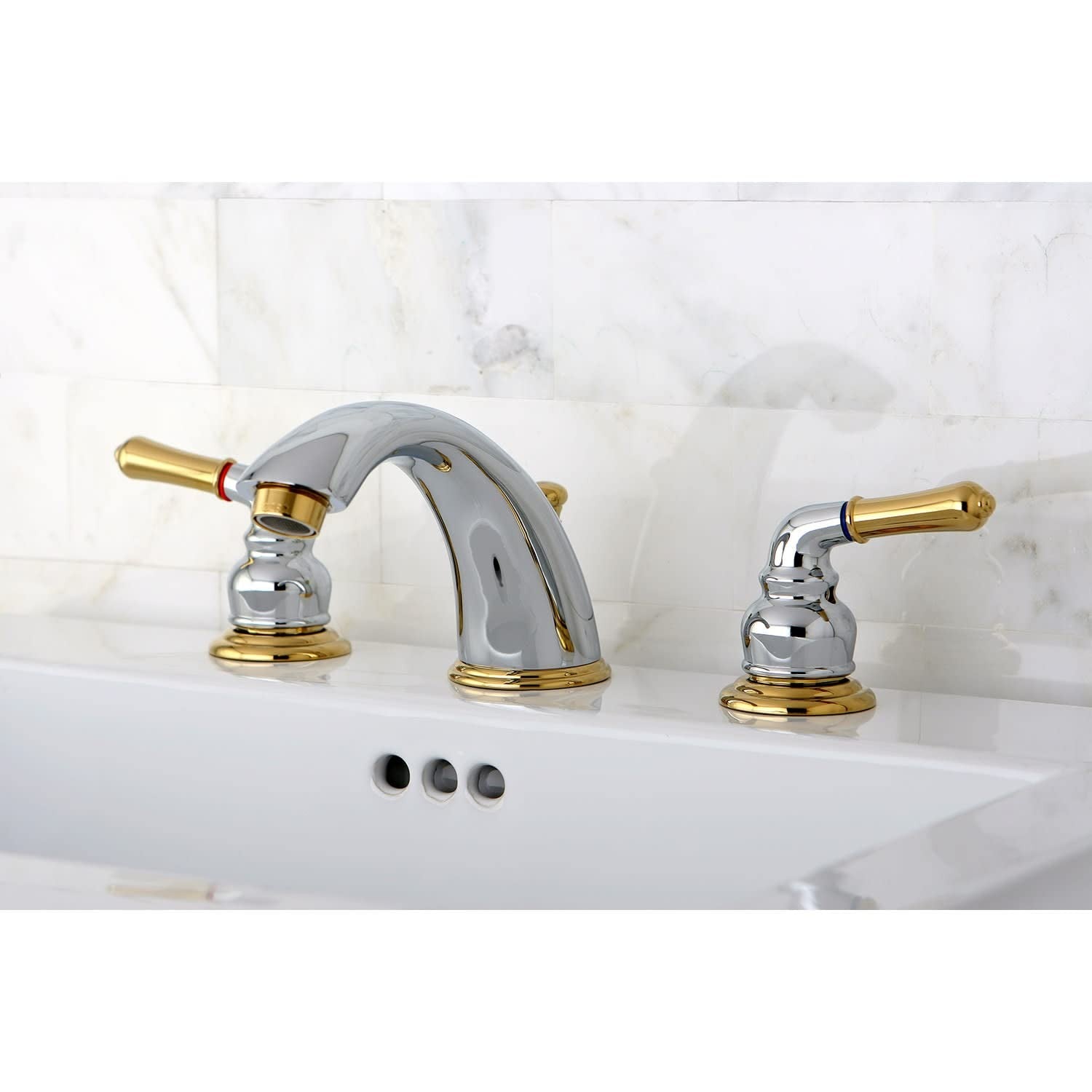 Kingston Brass Magellan widespread bathroom faucet with retail pop-up drain in polished finish, featuring traditional design.