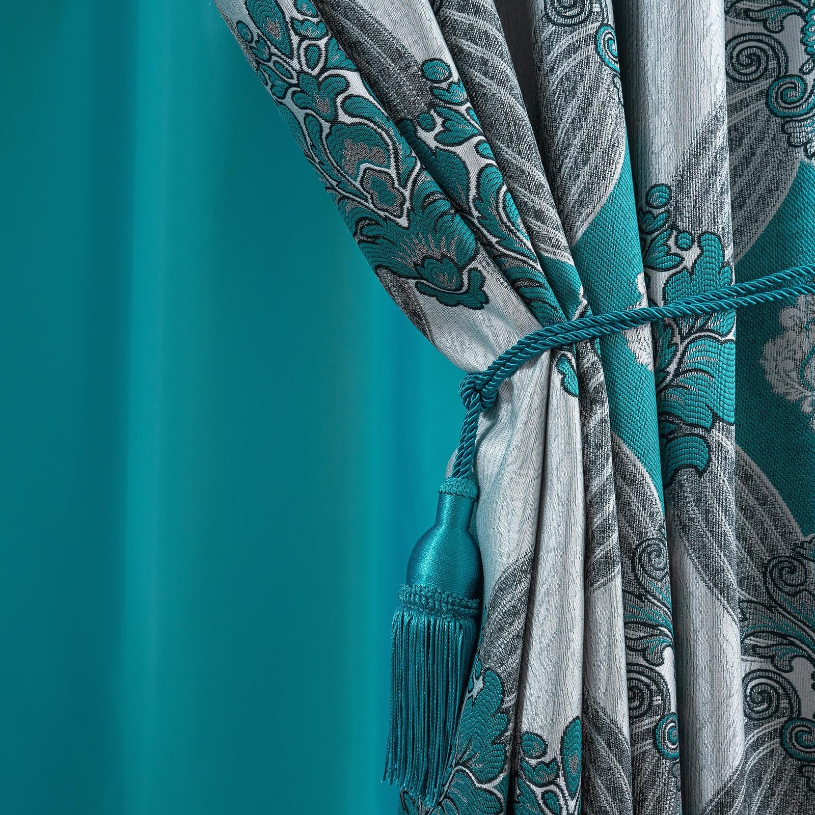 Petrichor elegant curtains with gold and silver threads, two-panel set, luxurious window treatment with intricate fabric details