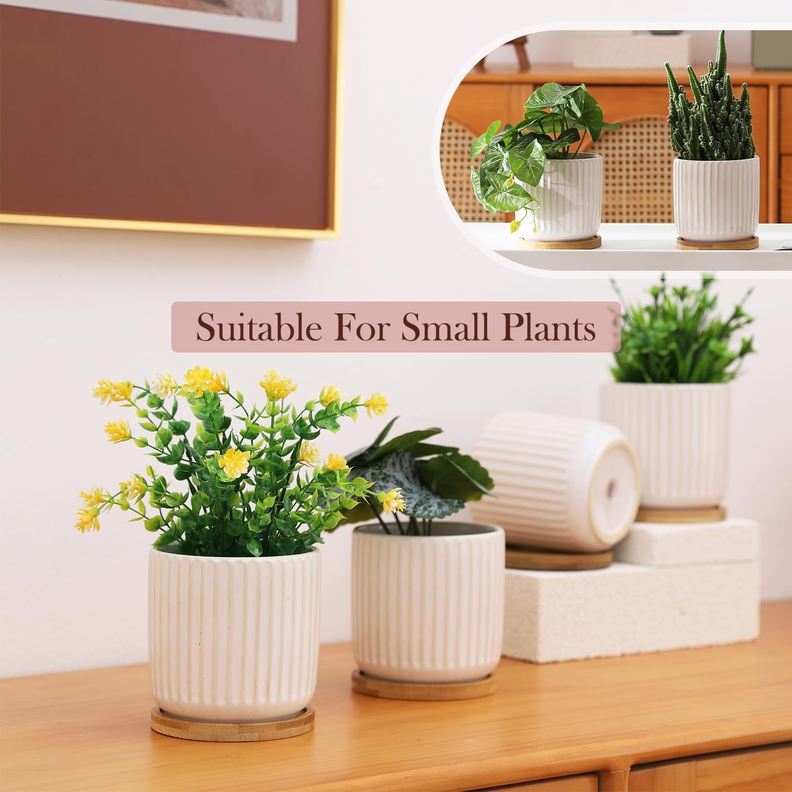 OMAYKEY 4-inch ceramic plant pot with saucer featuring a creative stripe design, ideal for small indoor plants.