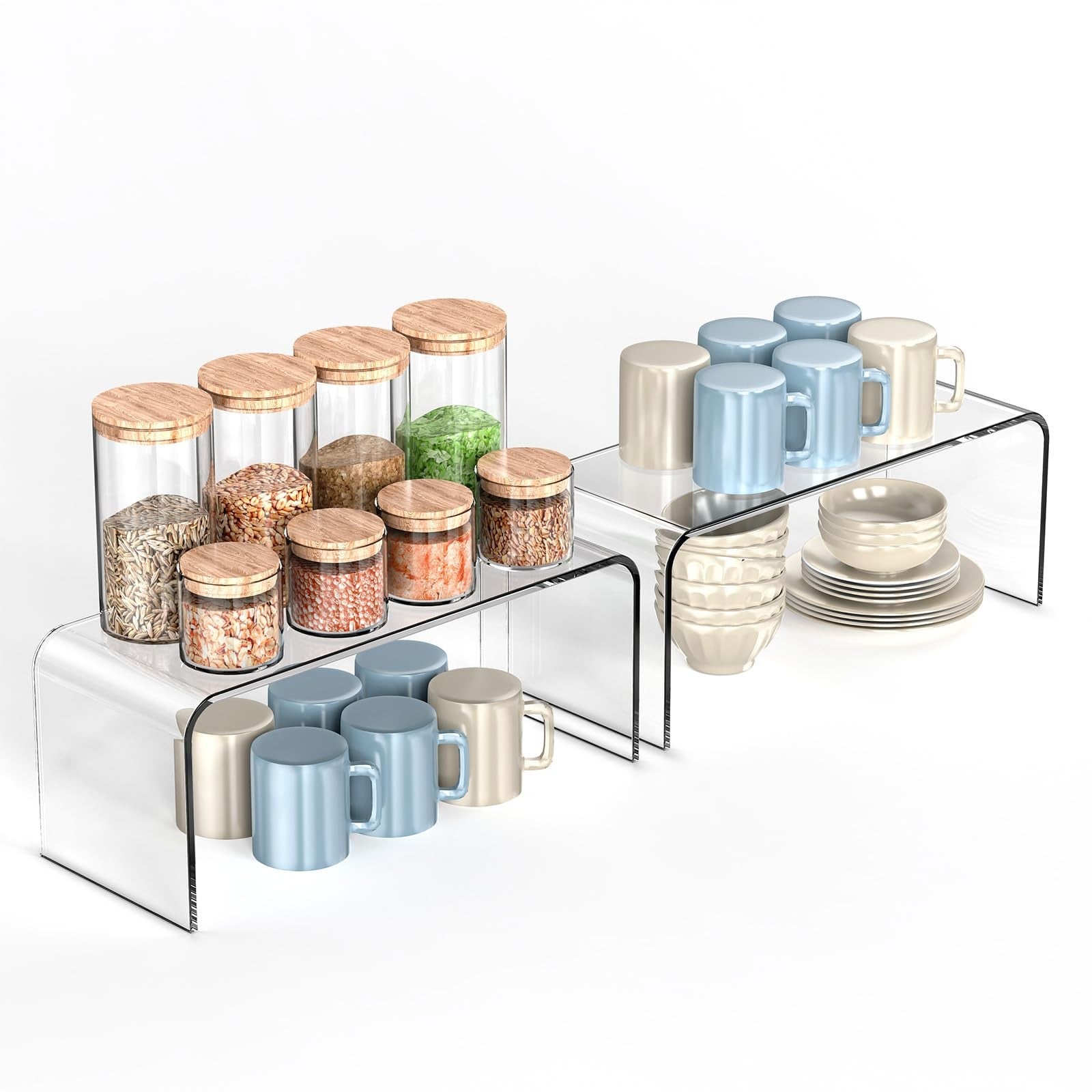HTRYBNES clear kitchen cabinet shelf organizers, 2-pack spice rack risers, showing stacked and organized spice jars and kitchen items.