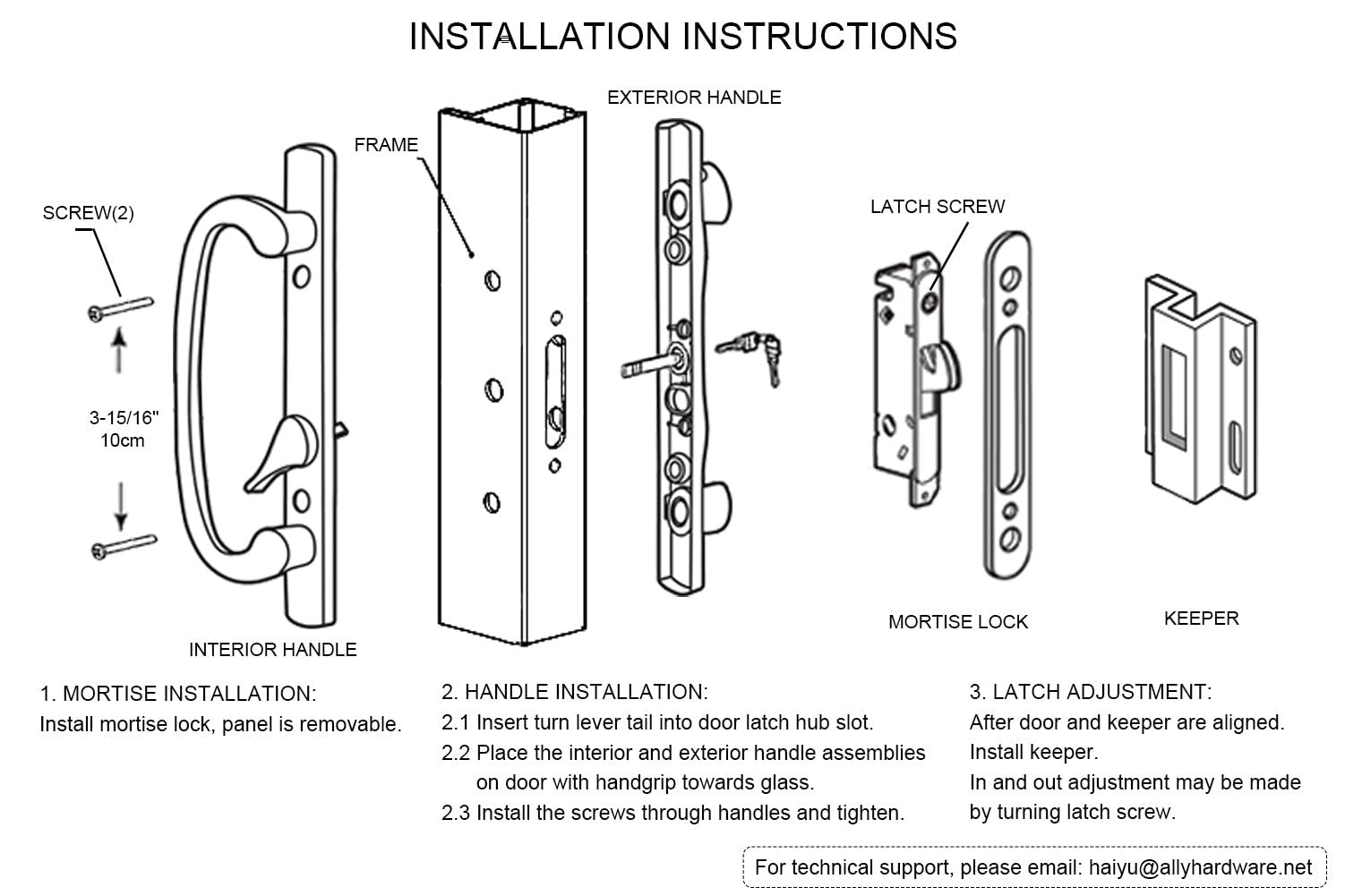 AllYWASAI patio sliding door handle set with mortise lock, key cylinder, and keep for secure outdoor door access.