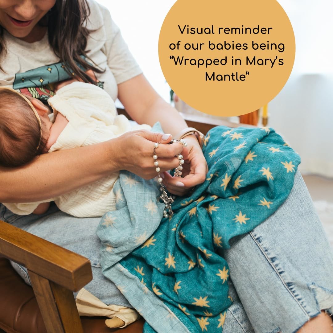 Soft luxury Our Lady of Guadalupe Catholic baby swaddle featuring Mary’s mantle, measuring 47x47 inches, with detailed religious imagery.