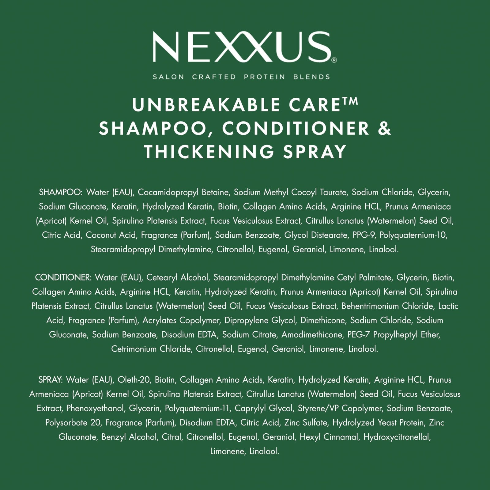 Nexxus Unbreakable Care shampoo, conditioner, and leave-in spray for fine hair, displayed together in a 3-pack set.