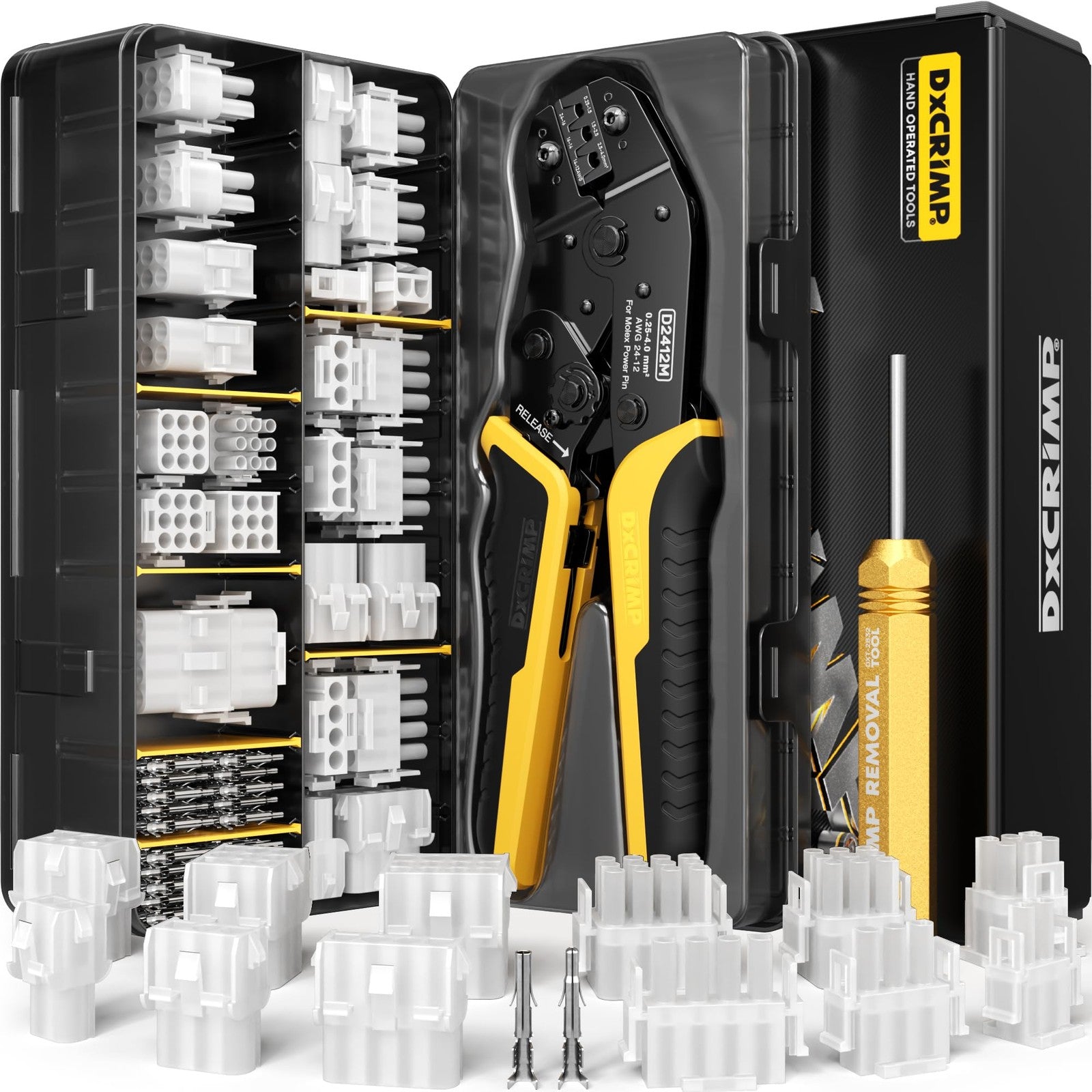 DXCRIMP MLX .084" connector crimping tool kit with pin extractor, includes 2/3/4 crimping dies and ergonomic handle.