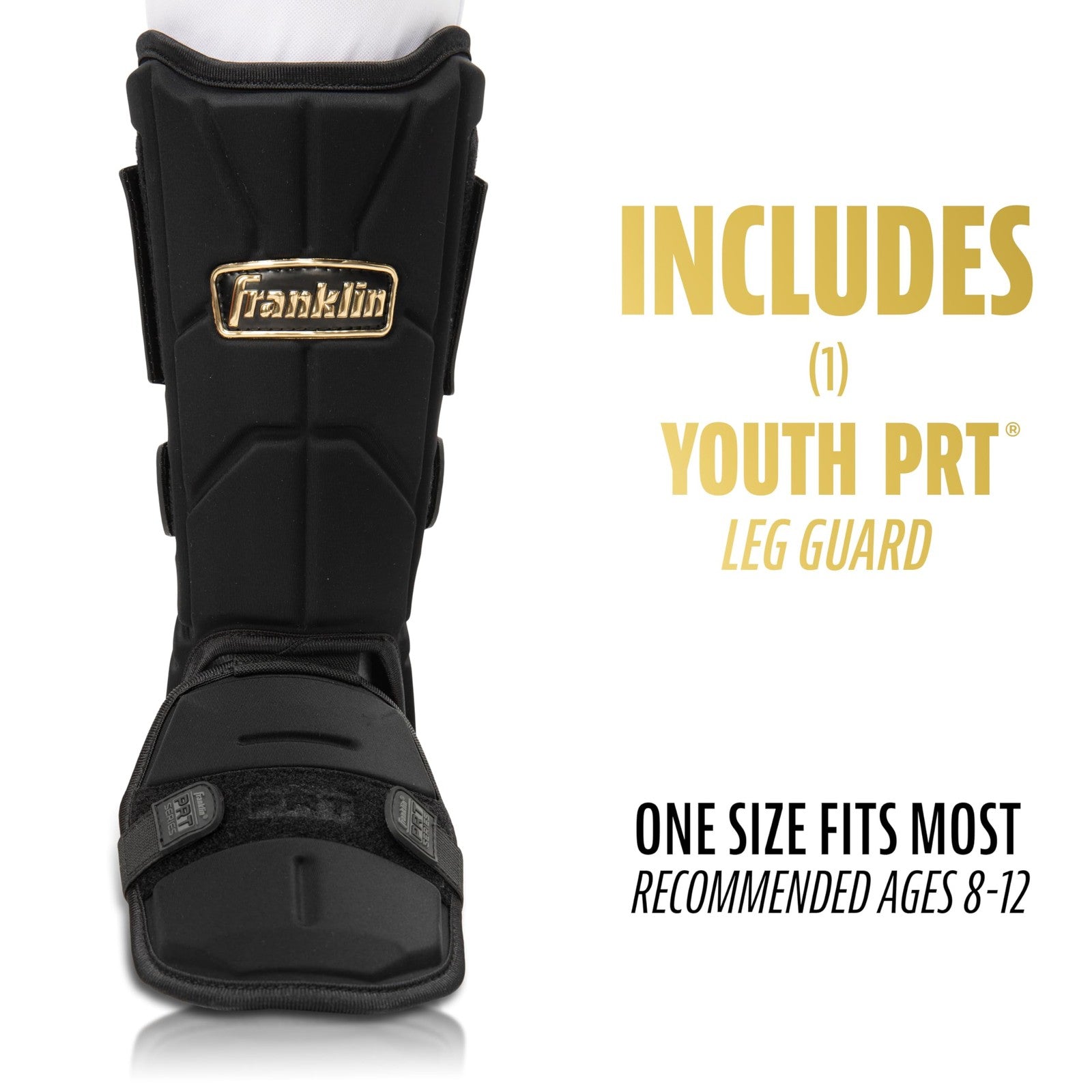 Franklin Sports youth baseball and softball leg guard with shin and foot protection, designed for secure fit and durability.