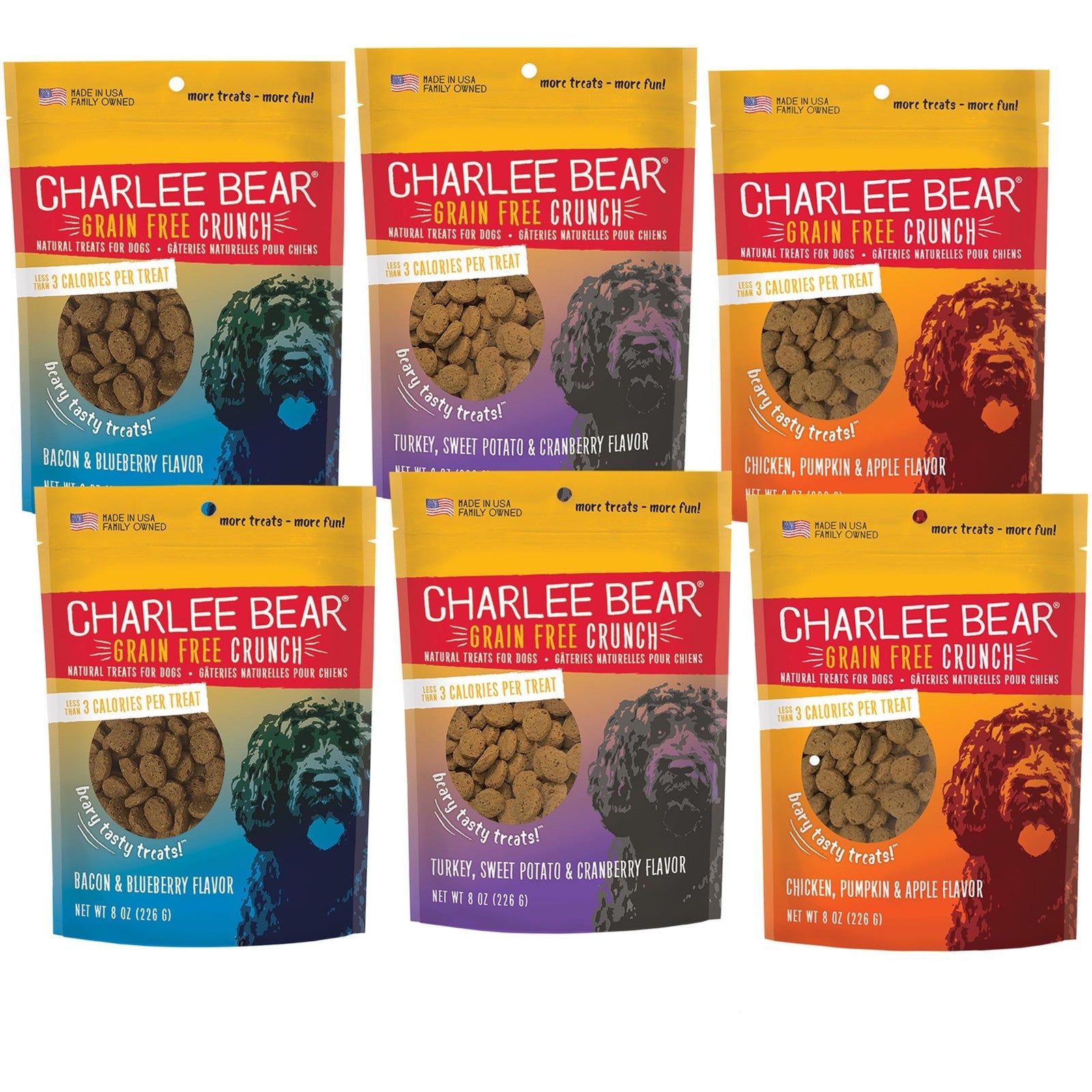 Charlee Bear dog training treats variety pack with crunchy, low-calorie treats for all breeds, shown in a colorful assortment.