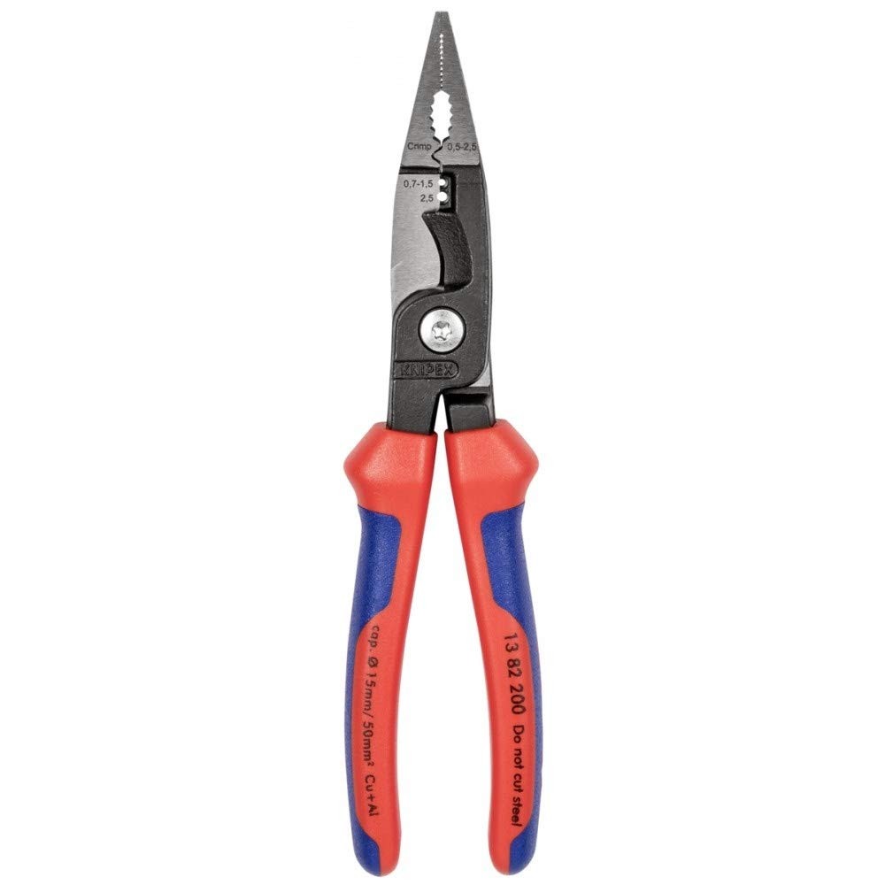KNIPEX 13 82 200 electrical installation pliers with soft grip handles, featuring a slim design and precision jaws for electrical work