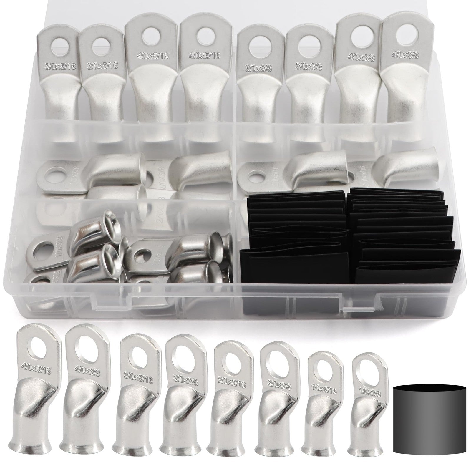 Taukealugs 48PCS battery tinned terminal connectors set with AWG 1/0 to 4/0 cable ends, showing various copper-tinned terminal ends.